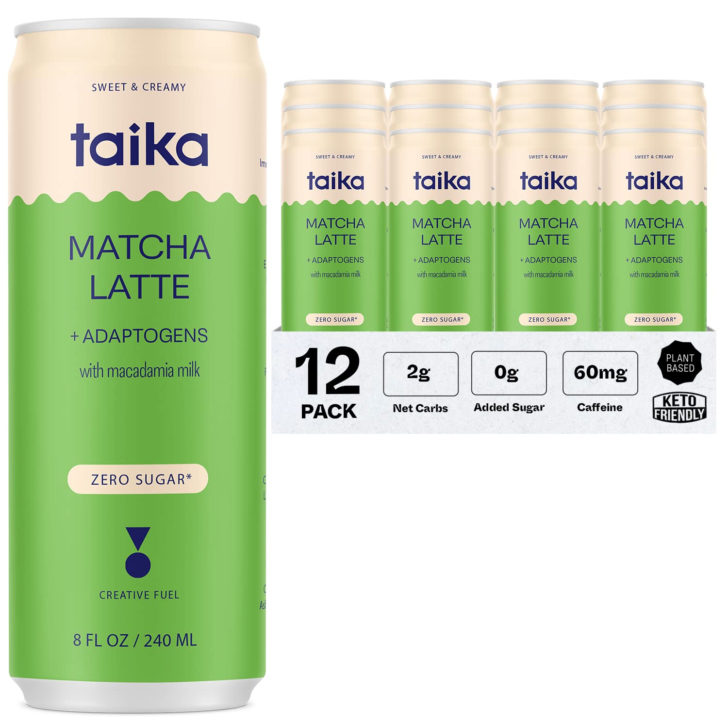 Taika Iced Matcha Latte, Organic Ceremonial Grade Matcha with Ashwagandha, 8 Fl Oz (Pack of 12)
