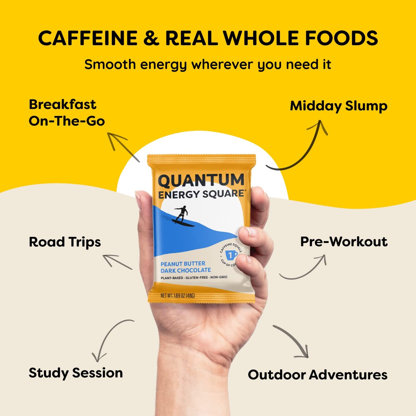 Quantum Energy Square: Energy Bar With Caffeine & 10G Protein. Delicious Healthy Snack On The Go. (Vegan, Gluten-Free, Soy-Free, Dairy-Free) (Dark Chocolate Pink Himalayan Salt)