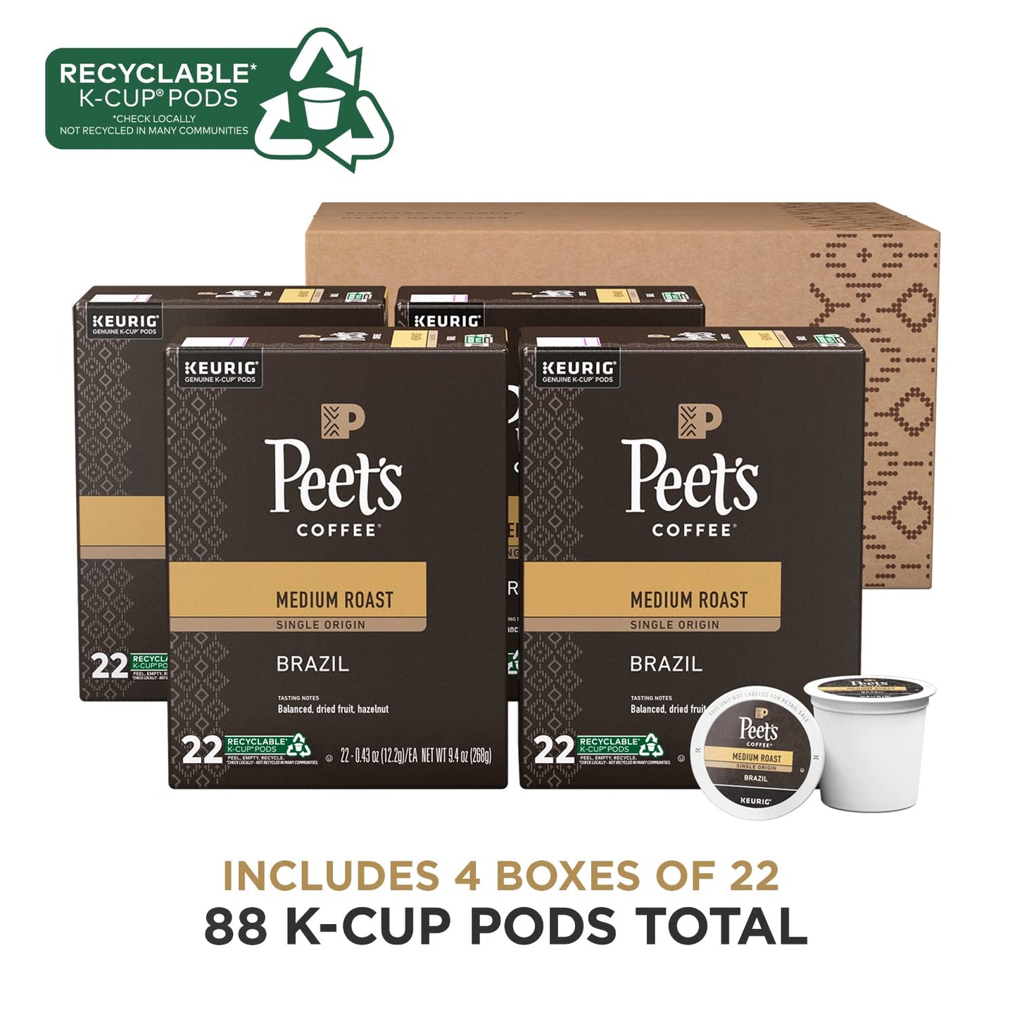Peets Coffee Medium Roast K-Cup Pods, Single Origin Brazil, 88 Count (4 Boxes of 22 Pods)
