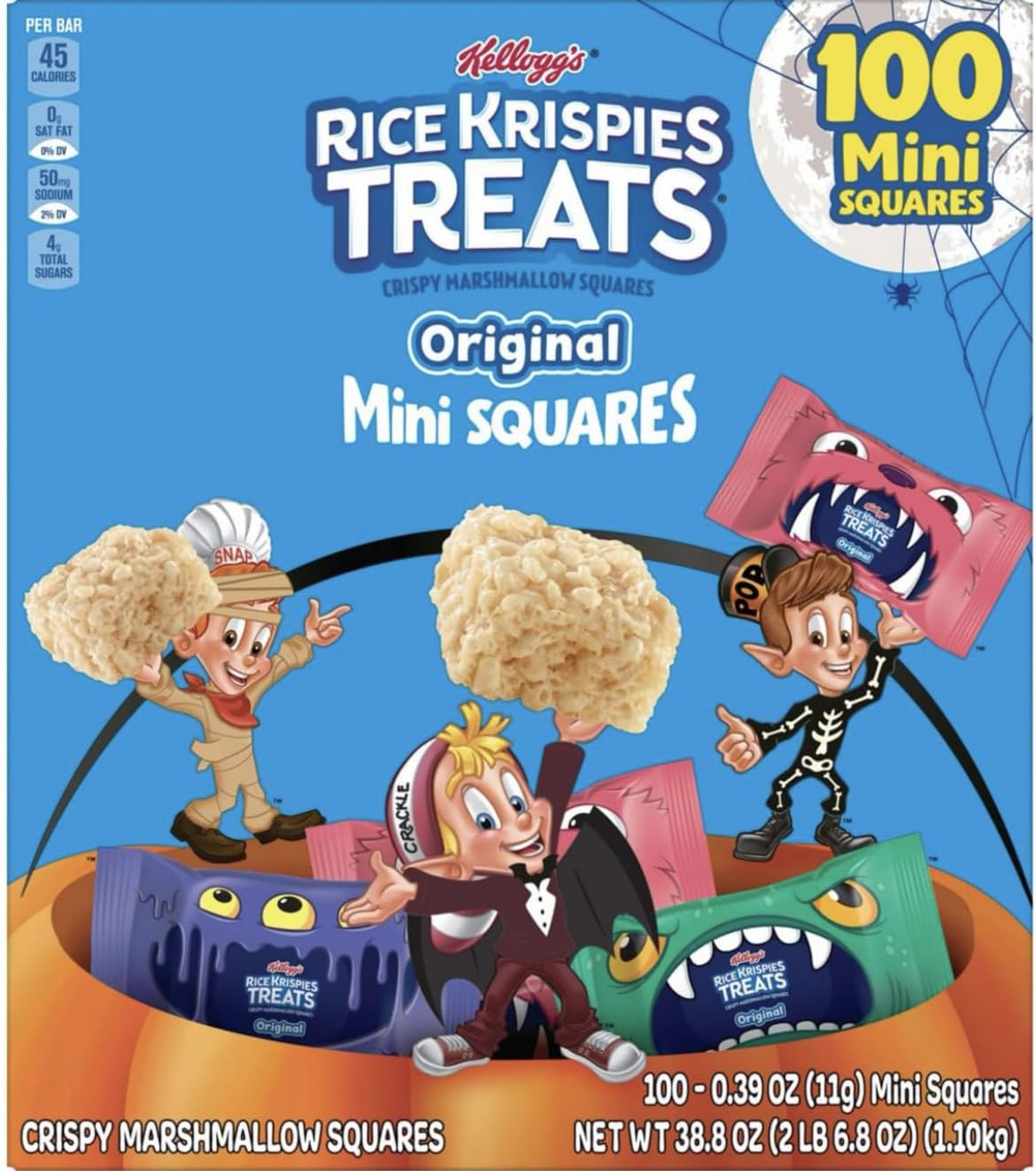Kellogg S Rice Krispiexs  Marshmallow Bars | Sweet Crispy Marshmallow Cereal Kids Snacks  Lunch Snacks  Grab n Go  Original Individually Wrapped | (100 - COUNT Halloween Mini Squares)