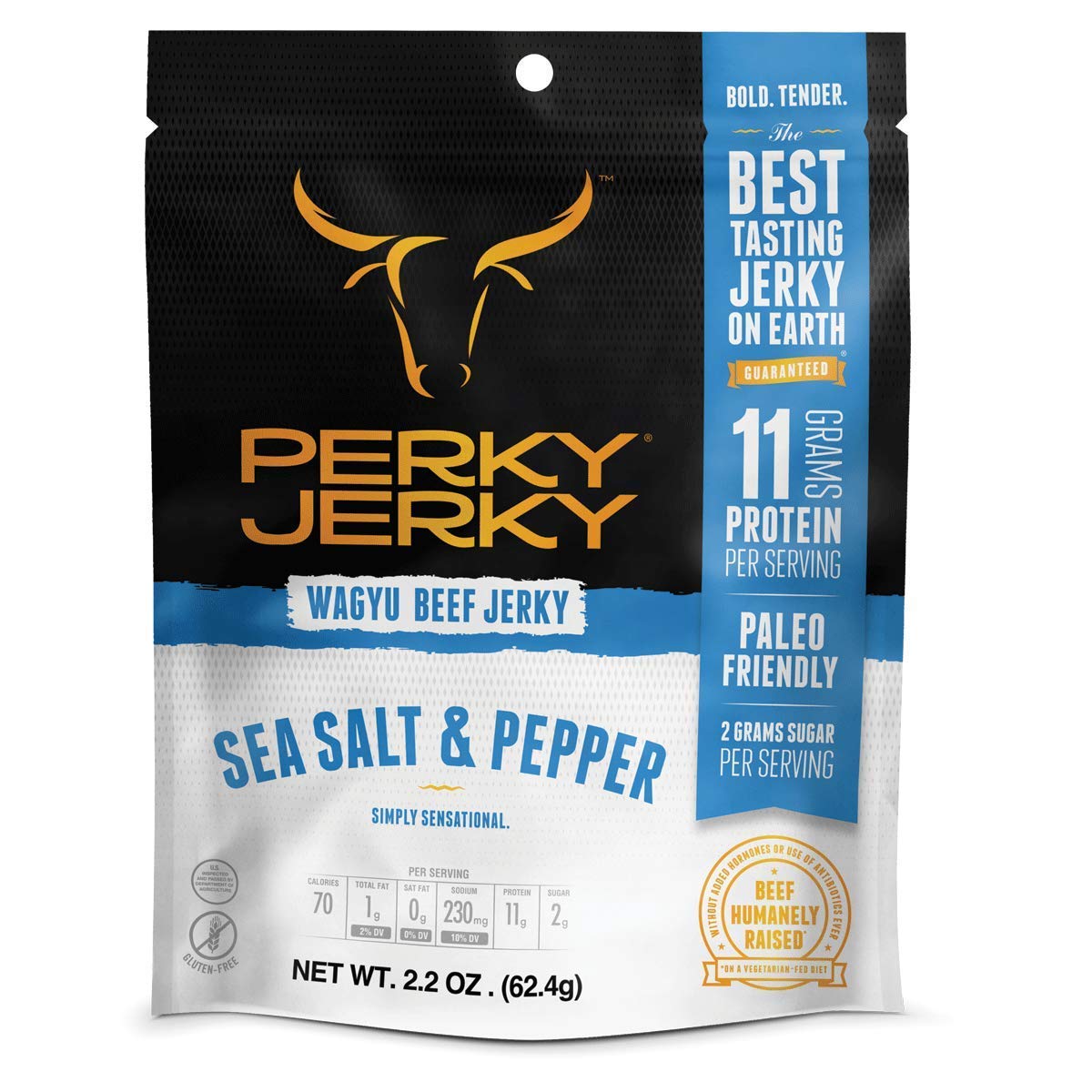 Perky Jerky Wagyu Beef, Sea Salt & Pepper, 2.2 Ounce (Pack of 8) - 200mg sodium - 12g Protein per serving - Low Fat - 100% US So