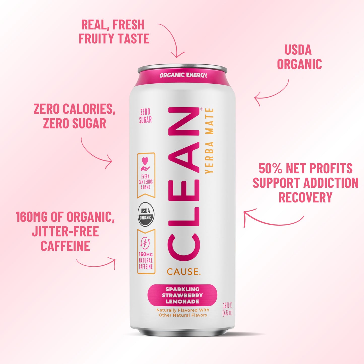 NEW CLEAN Cause Zero Sugar Strawberry Lemonade Yerba Mate Tea Sparkling  USDA Organic Energy Drink Alternative  Zero Calorie  160mg Natural Caffeine  Soda Alternative (16oz cans  12-Pack Case)