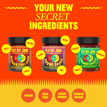 Flybyjing Variety Pack W/Sichuan Chili Crisp, Zhong Sauce & Chengdu Crunch, All Natural & Vegan, Perfect Hot Sauce Gift For Food