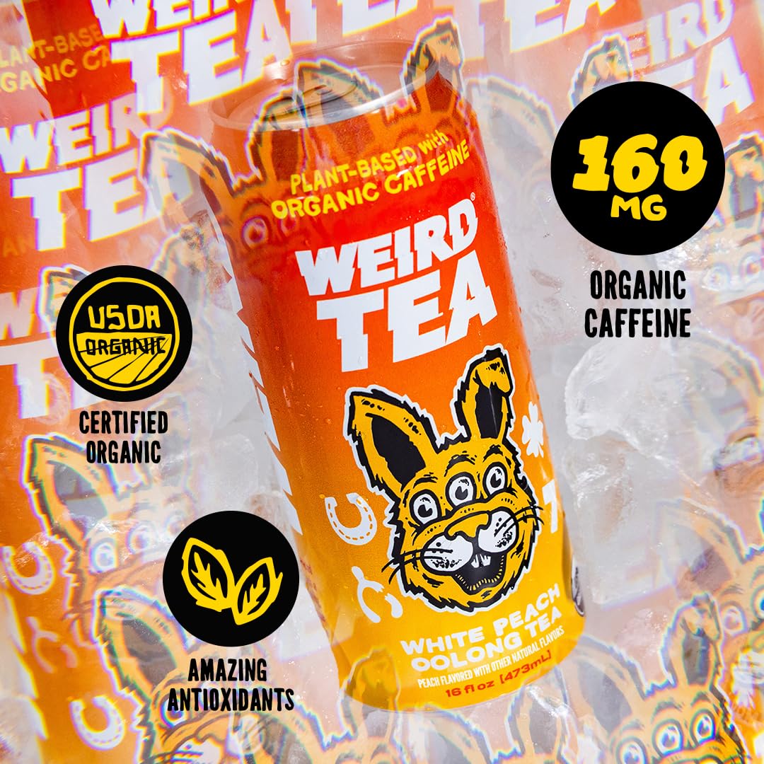 WEIRD Organic White Peach Oolong Tea, 16oz Cans, 160mg Organic Caffeine, Pack of 12