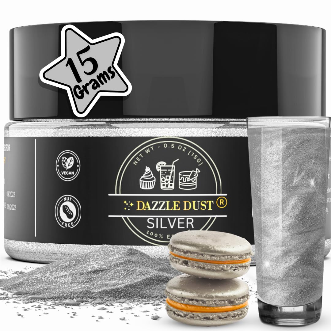 DAZZLE DUST Edible Glitter Powder, Food-Grade, Vegan, Gluten Free, Silver, 15g