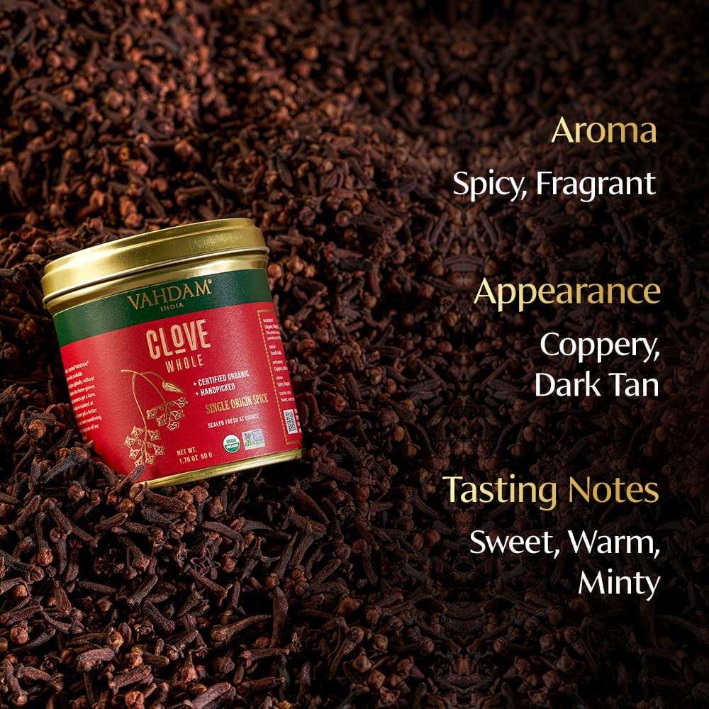 Vahdam, Organic Clove Whole (1.7Oz/50G) Handpicked Whole Cloves, Gluten Free, Non Gmo, 100% Raw | Warm & Flavorful Spice | Great For Cooking, Smoothies, Pomander Balls, Potpourri & Tea
