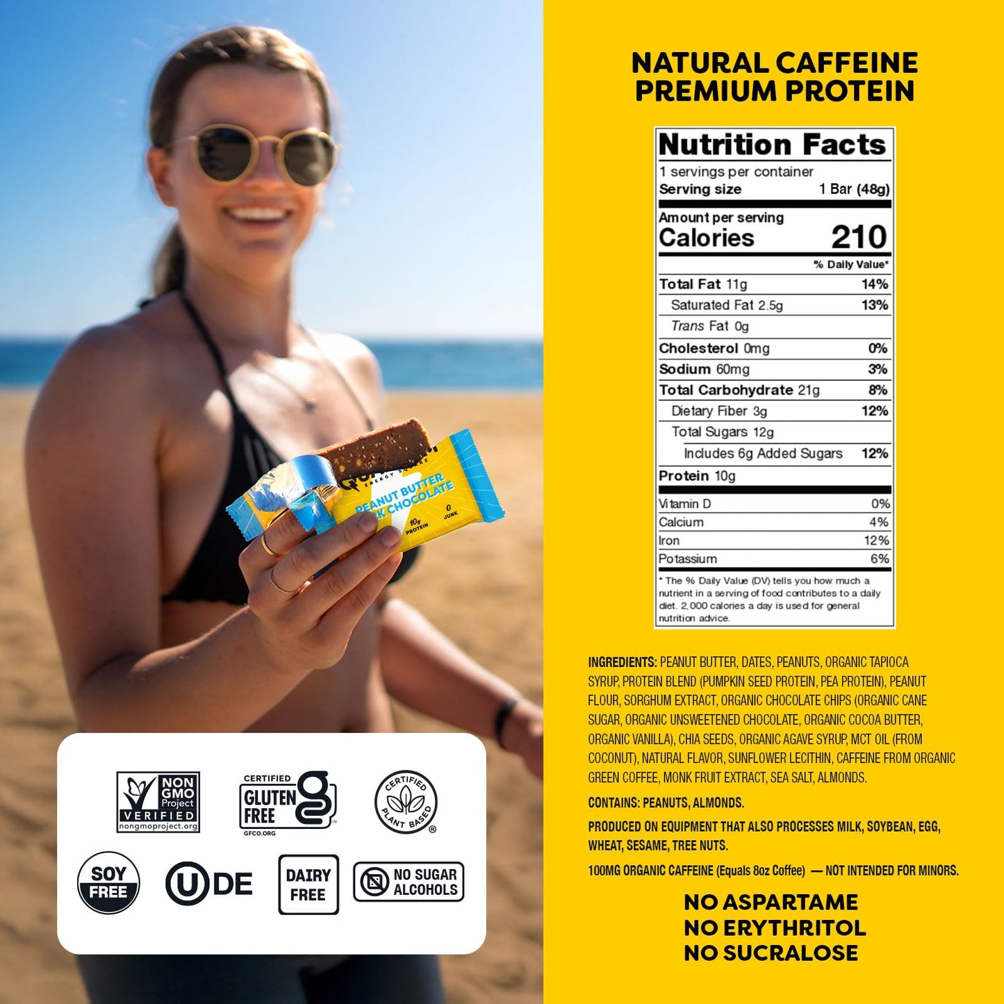 Quantum Energy Square: Energy Bar With Caffeine & 10G Protein. Delicious Healthy Snack On The Go. (Vegan, Gluten-Free, Soy-Free, Dairy-Free) (Peanut Butter Dark Chocolate)