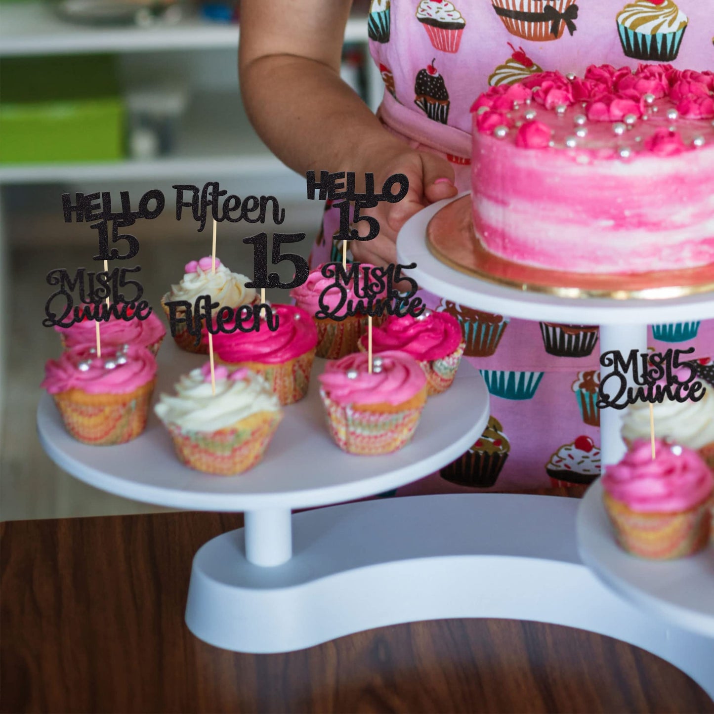 Gyufise 24Pcs Black Glitter 15Th Birthday Cupcake Toppers Mis Quince 15 Cake Toppers Hello 15 Fifteen Cupcake Picks For 15Th Bir