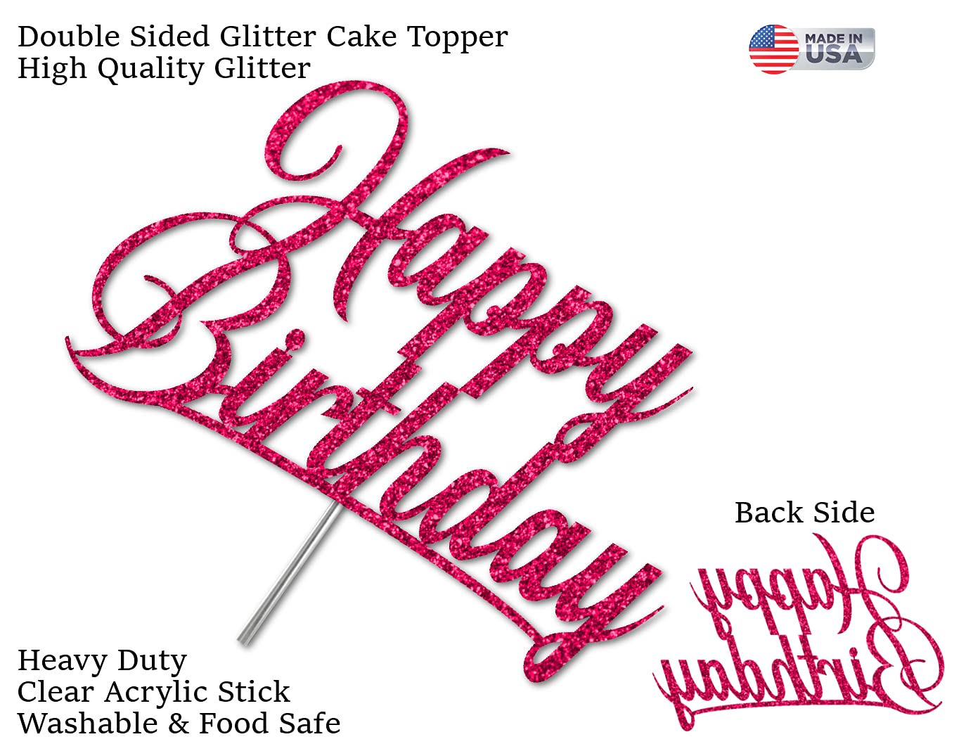 RokAPary Happy Birthday Cake Topper - Sturdy Double-Sided Glitter, Acrylic, Fuchsia