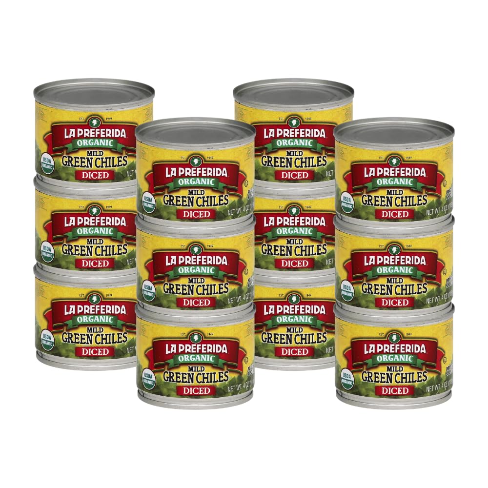 La Preferida Organic Diced Green Chile Peppers Fire-Roasted & Peeled - Perfect for Tacos, Casseroles & Nachos, 4oz. (Pack of 12)