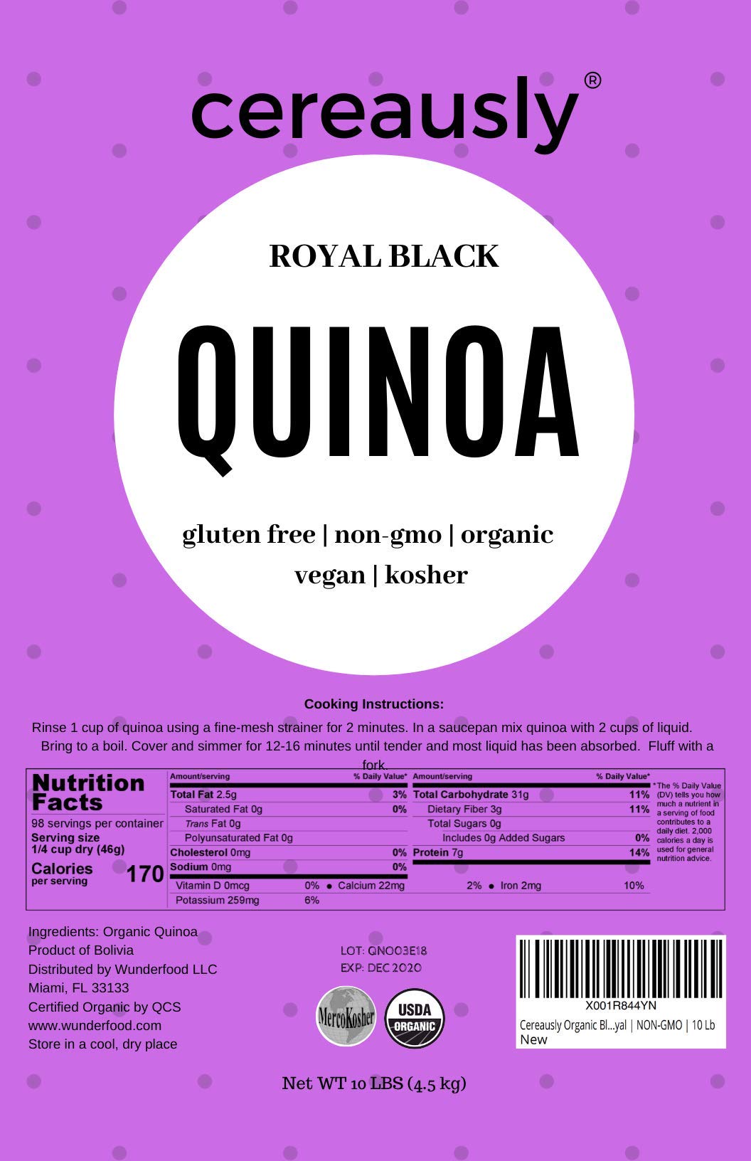 Cereausly Organic Black Quinoa - Premium Royal Quinoa From Bolivia - Kosher And Non-Gmo Quinoa Bulk - Vegan And Gluten-Fee Cooki