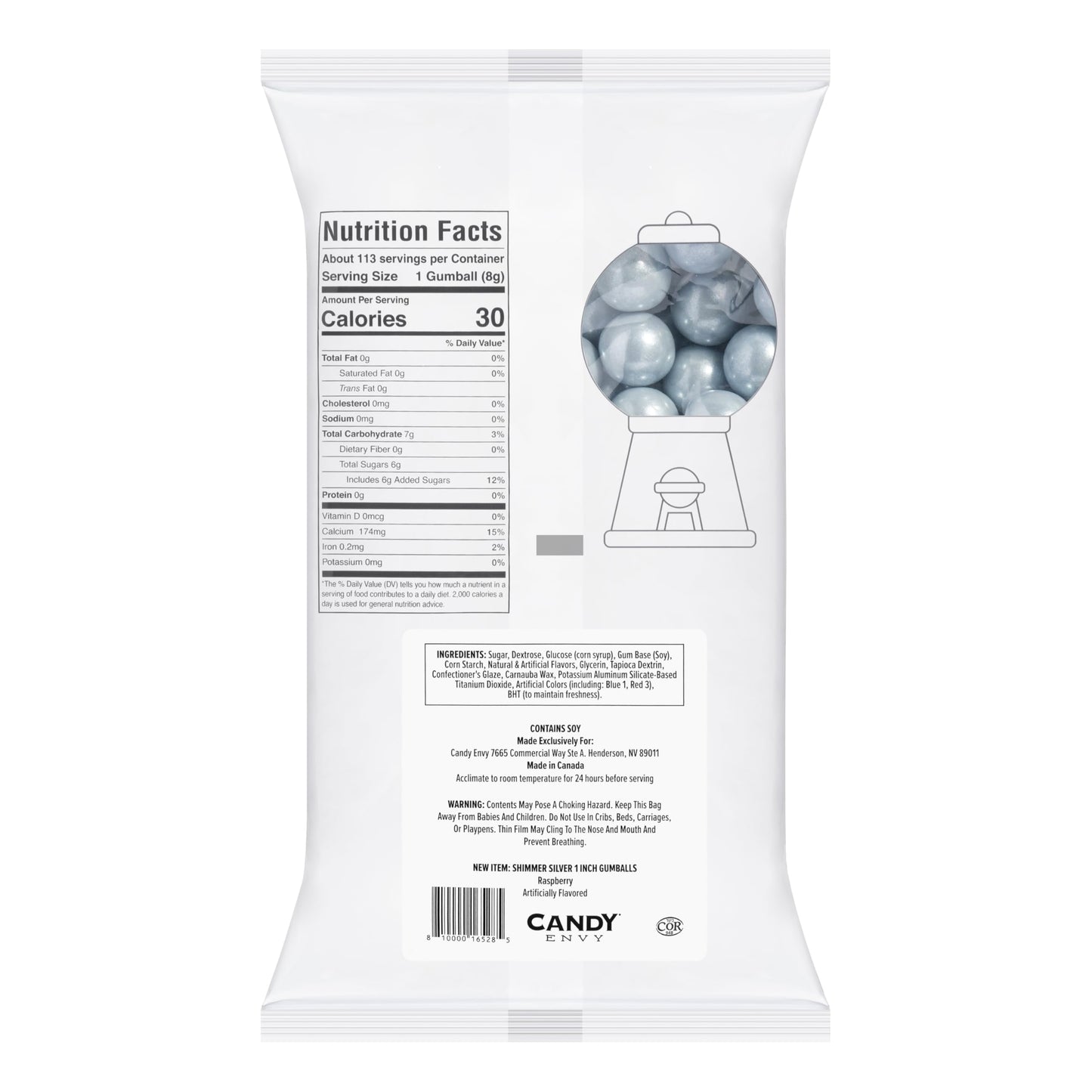 Candy Envy - Shimmer Silver 1 Inch Gumballs - 2Lb Bag - Approximately 113 Gumballs Per Bag - North American Made & Kosher Certif