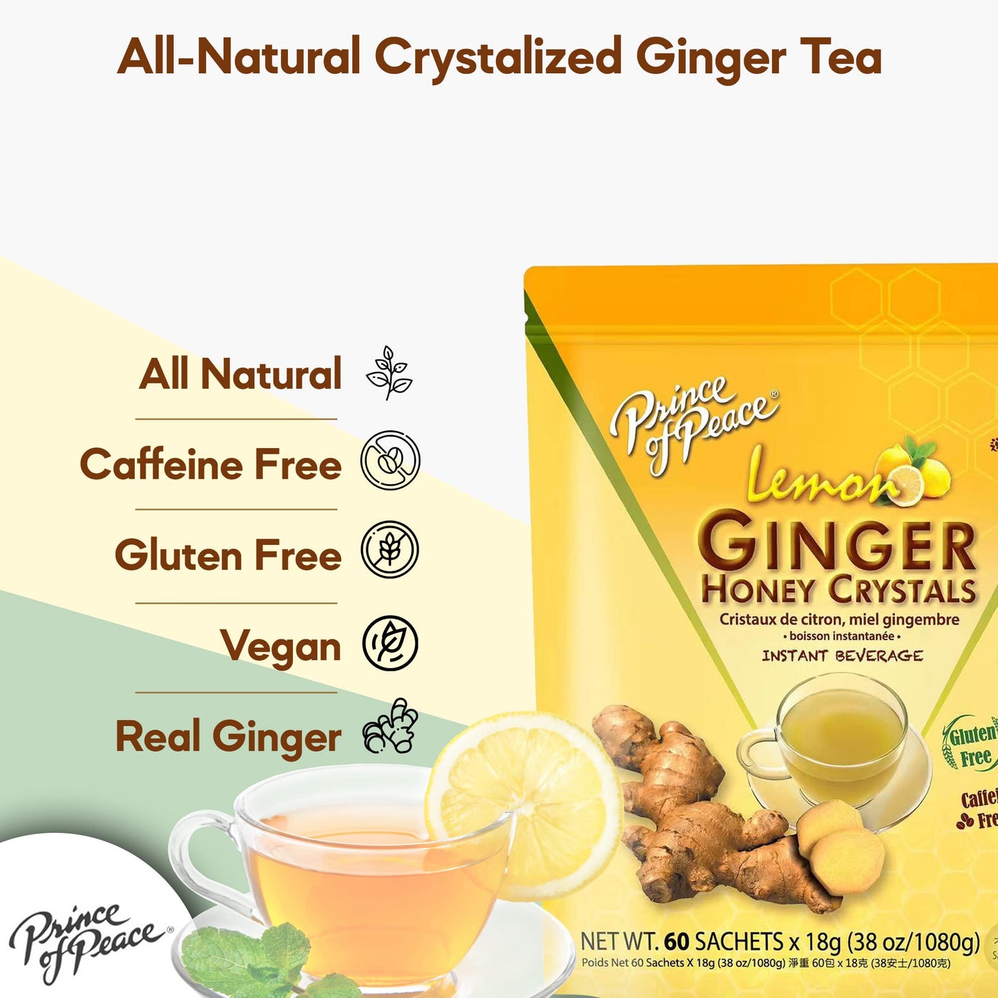 Prince Of Peace Instant Ginger Honey Crystals with Lemon - 60 Sachets - Caffeine and Gluten Free - Easy to Brew Hot or Cold Beverage