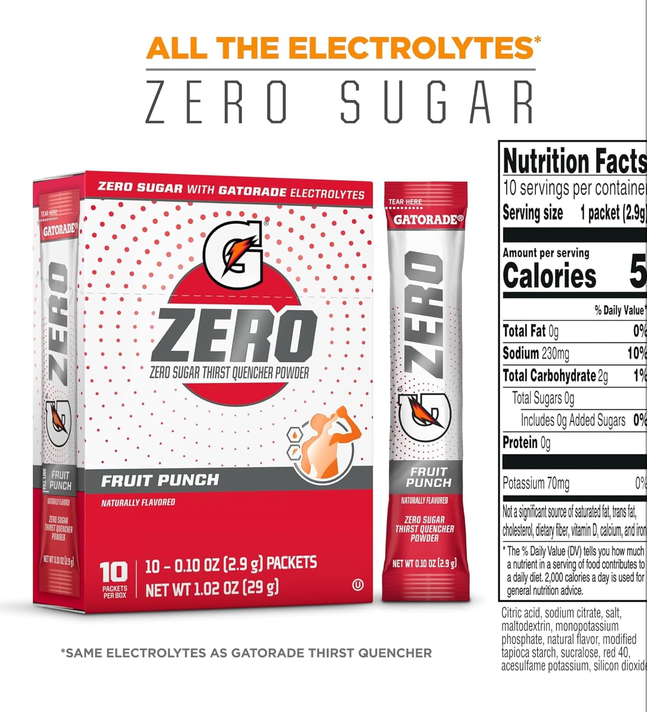 G Zero Thirst Quencher Powder Packets, Individual Packets (20 Count) (Fruit Punch)