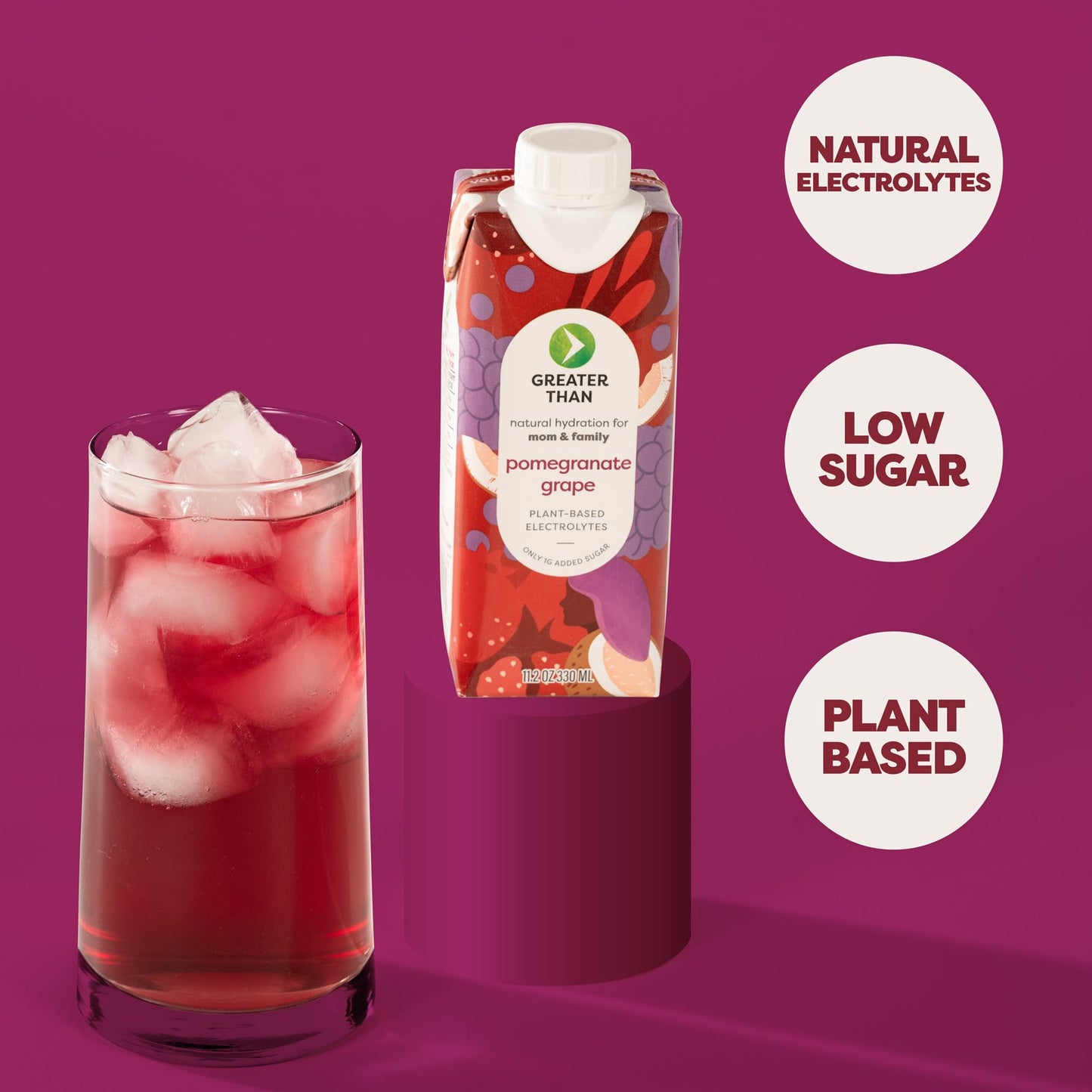 Greater Than Nutrient Hydration Beverage  Electrolyte Drink for Gut Health & Energy with Coconut Water  Vitamins  Gluten Free  Plant Based  Low Sugar  Pomegranate G  24 Pack
