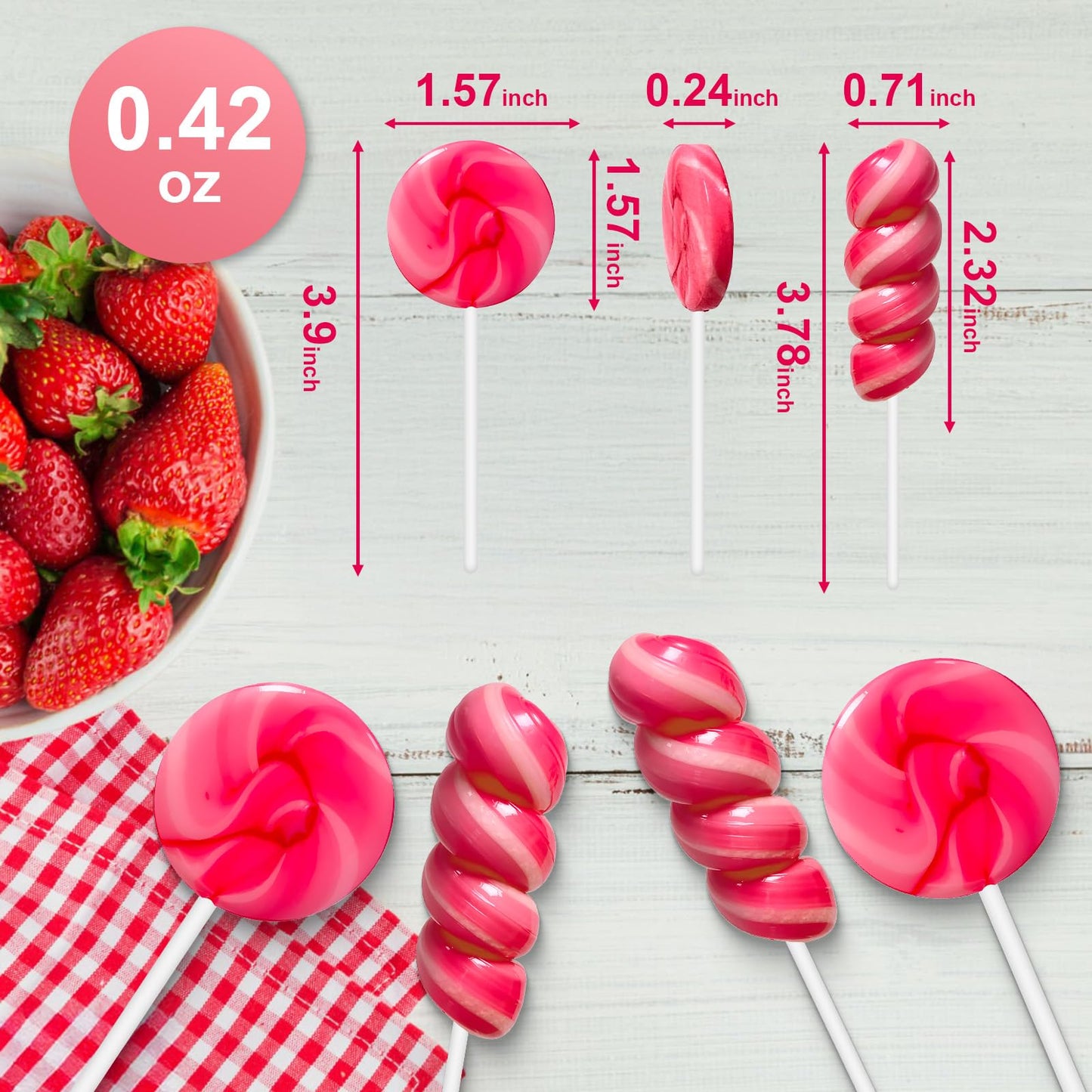 ZOFIA SWEET 32 Pack Strawberry Pink Twisty & Swirl Lollipops - Individually Wrapped, No Artificial Dyes, Baby Shower & Valentines Day Favors