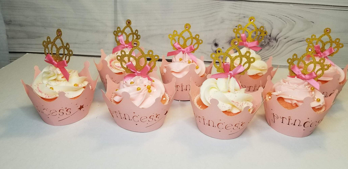Jevenis 40 Pcs Glittery Princess Cupcake Toppers Crown Cupcake Wrapper Crown Cupcake Toppers Baby Shower Cupcake Decorations For
