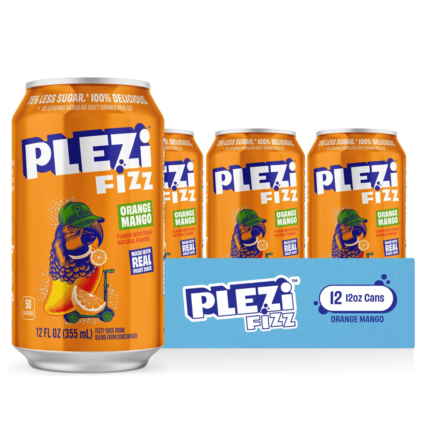 PLEZi FiZZ Orange Mango Sparkling Juice - Healthy Soda Alternative with Real Fruit Juice, No Added Sugar - Low Sugar Sparkling D