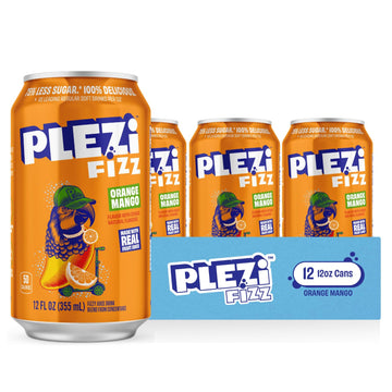 PLEZi FiZZ Orange Mango Sparkling Juice - Healthy Soda Alternative with Real Fruit Juice, No Added Sugar - Low Sugar Sparkling D