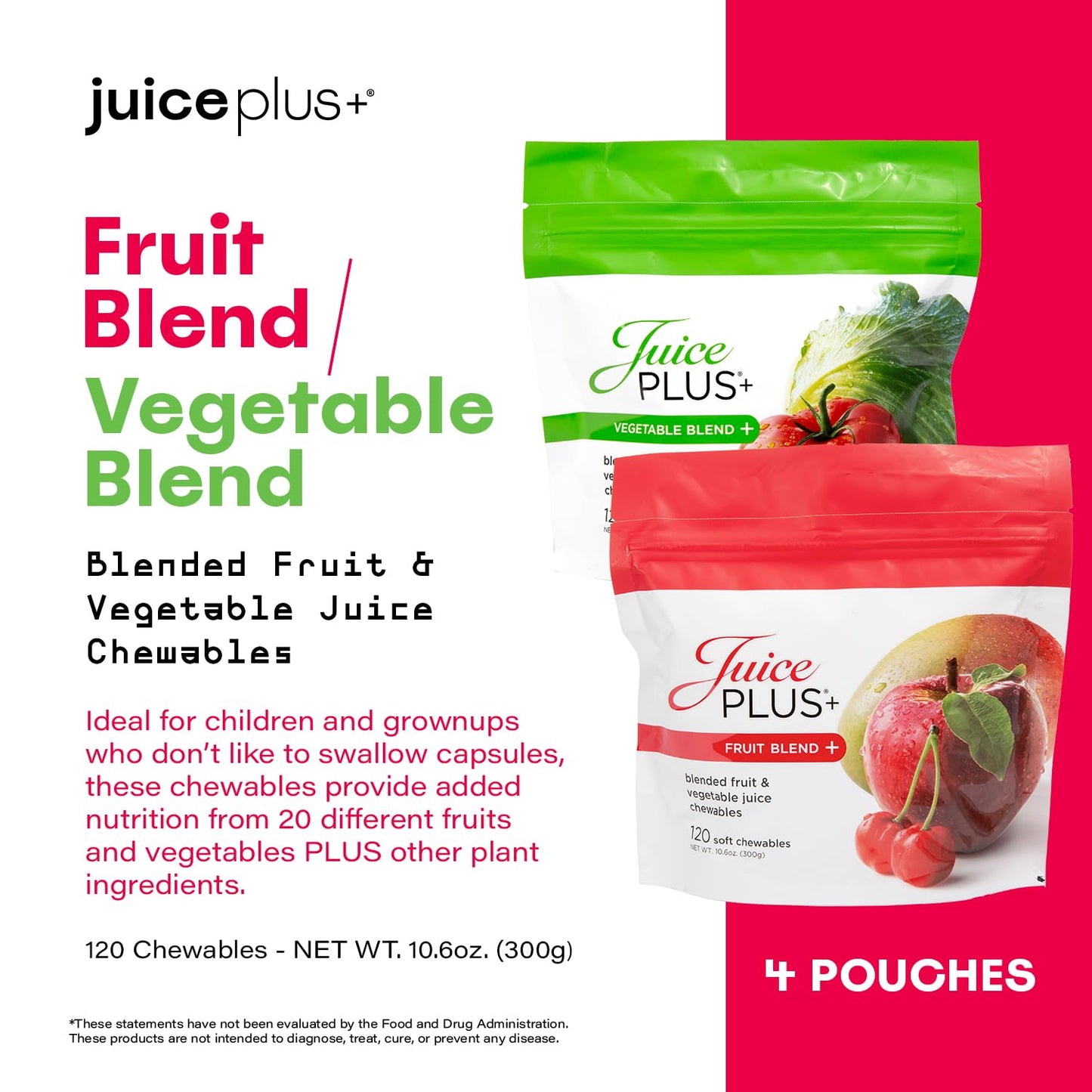 Juice Plus+ Fruit & Vegetable Blend Soft Chews - Vegan Gummy Vitamins - 120 Count (4 packs, 2 of each flavor)