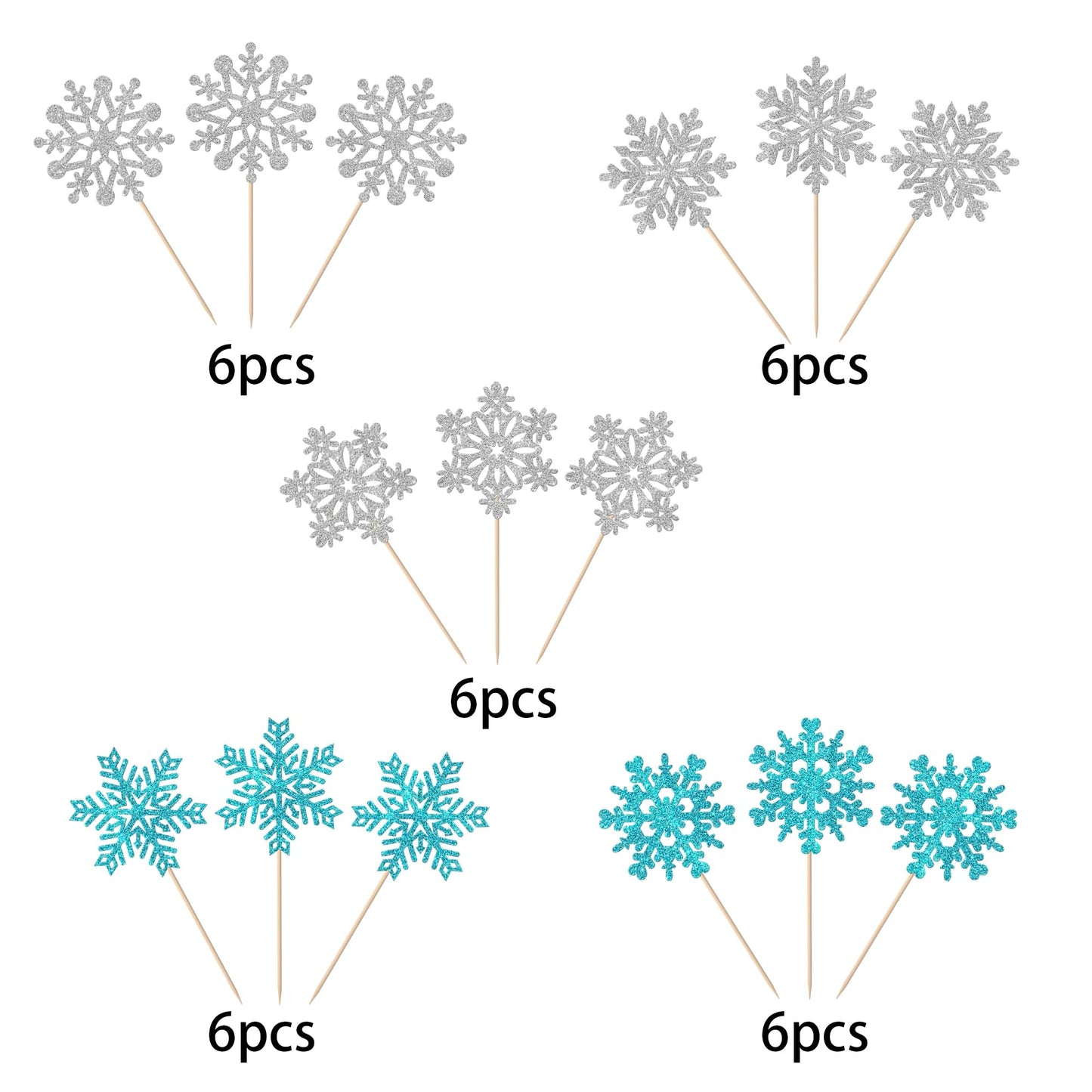 YCTHUNFISH 30 Pack Cupcake Toppers - Glitter Snowflake Picks - Light Blue - Perfect for Christmas, Baby Shower, Kids Birthday Party