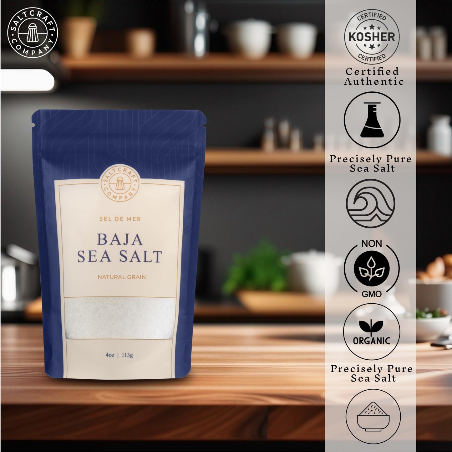 Saltcraft Company - Baja Sea Salt, Natural Grain Crystals, Low Sodium 30%, Kosher Certified & Mineral Salt - 4 Ounce