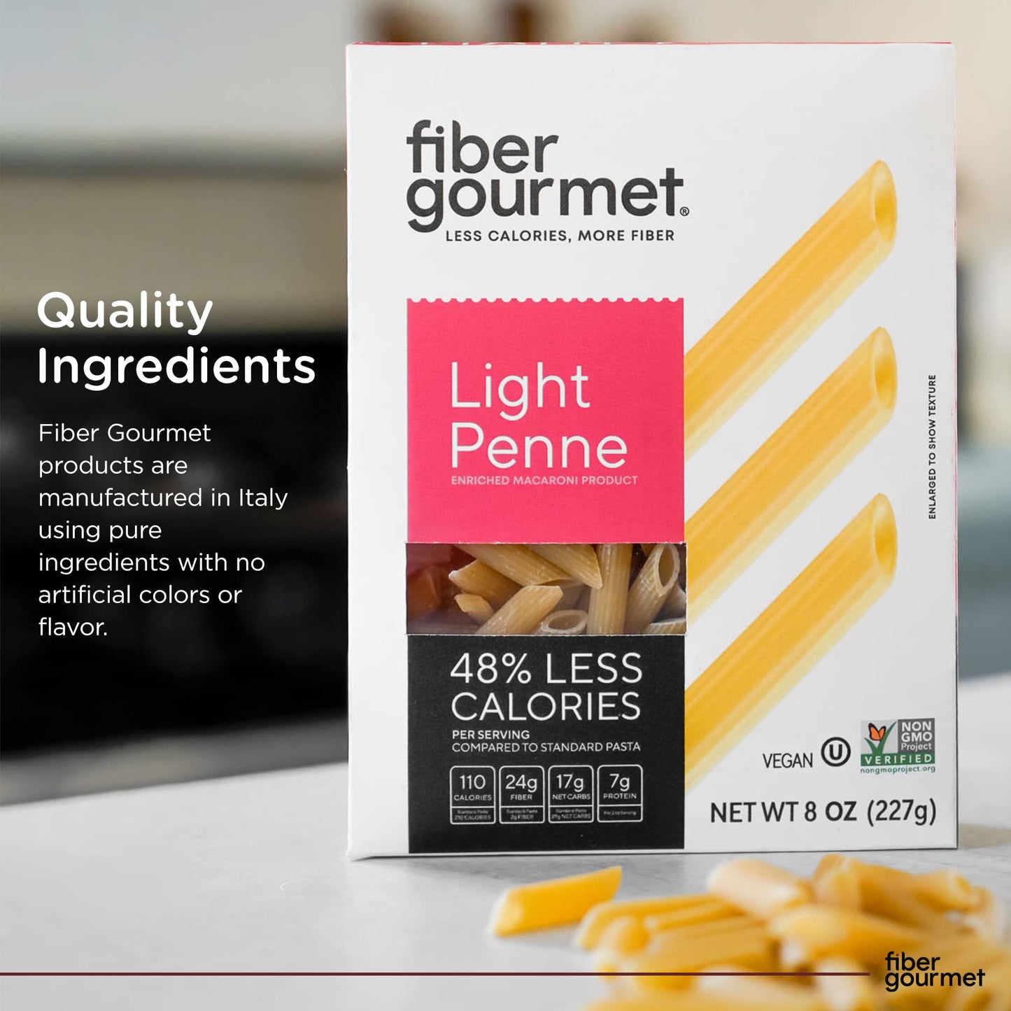 Fiber Gourmet Pasta - Light Penne Pasta - Low Net Carb, Fiber-Rich, Low Calorie, Healthy Pasta - Made in Italy, Kosher, Vegan, N