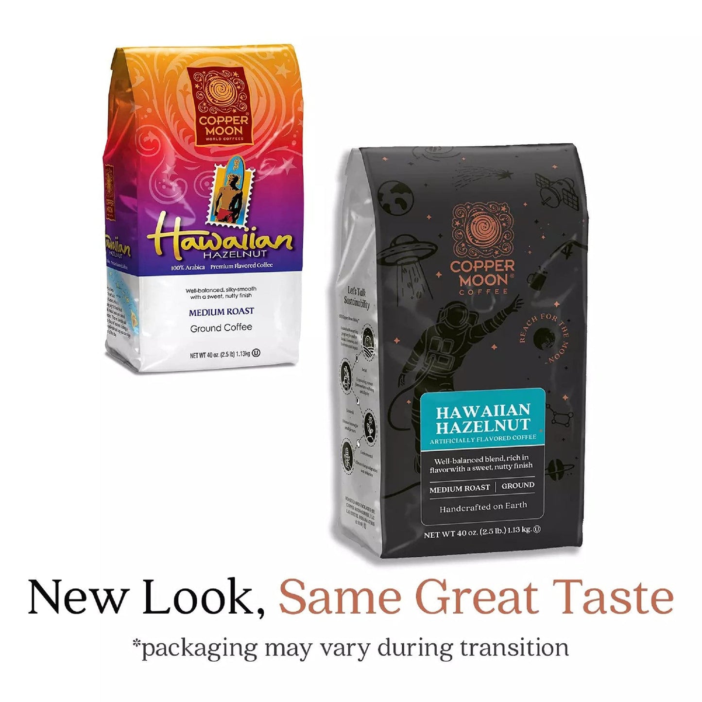 Copper Moon Ground Coffee, Light Roast, Hawaiian Hazelnut Blend, 40 Oz