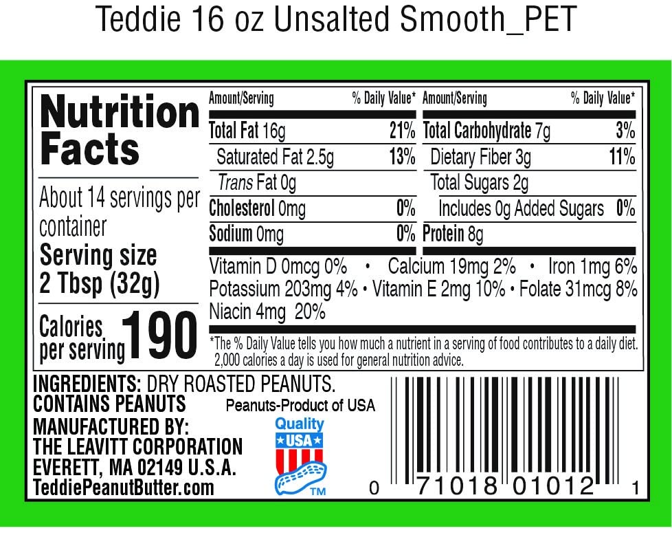 Teddie All Natural Smooth Peanut Butter, Gluten Free & Vegan, Plastic Jar (16 Ounce (Pack Of 1))