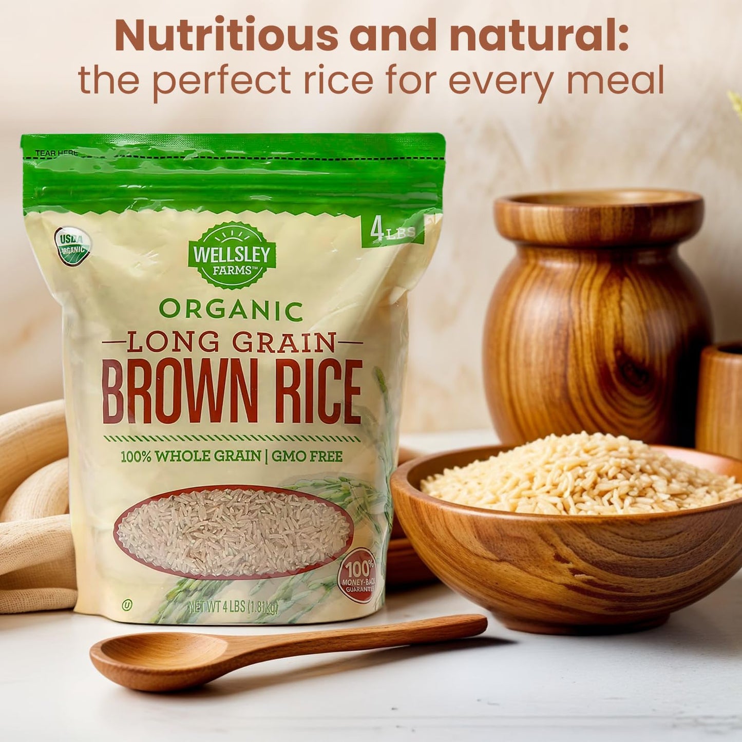 Wellsley Farms Organic Long-Grain Brown Rice | Usda Certified, Kosher, Gmo-Free | Quick-Cooking, Nutty Flavor, And Versatile For
