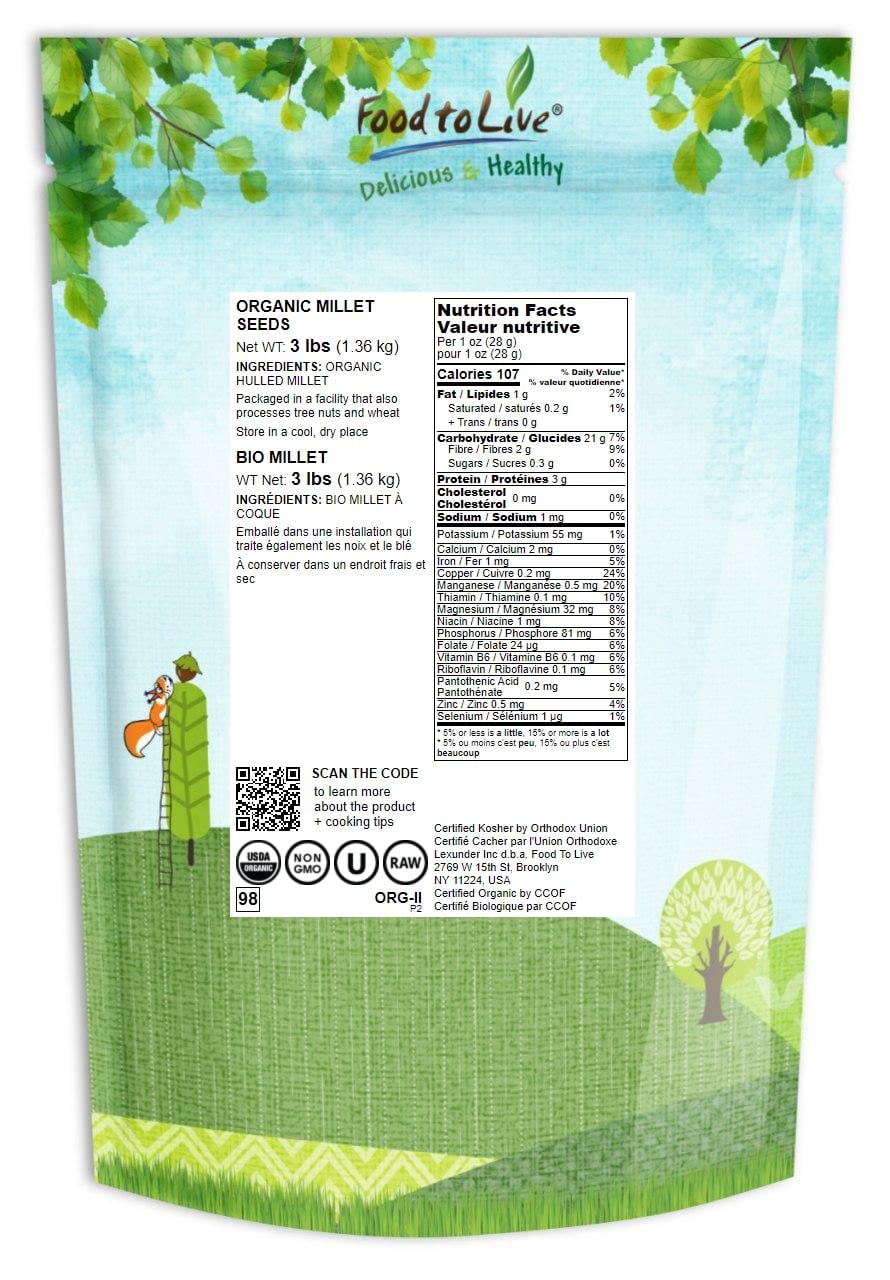 Food to Live Organic Hulled Millet, Whole Grain Seeds, Non-GMO, Raw, 3 Pounds