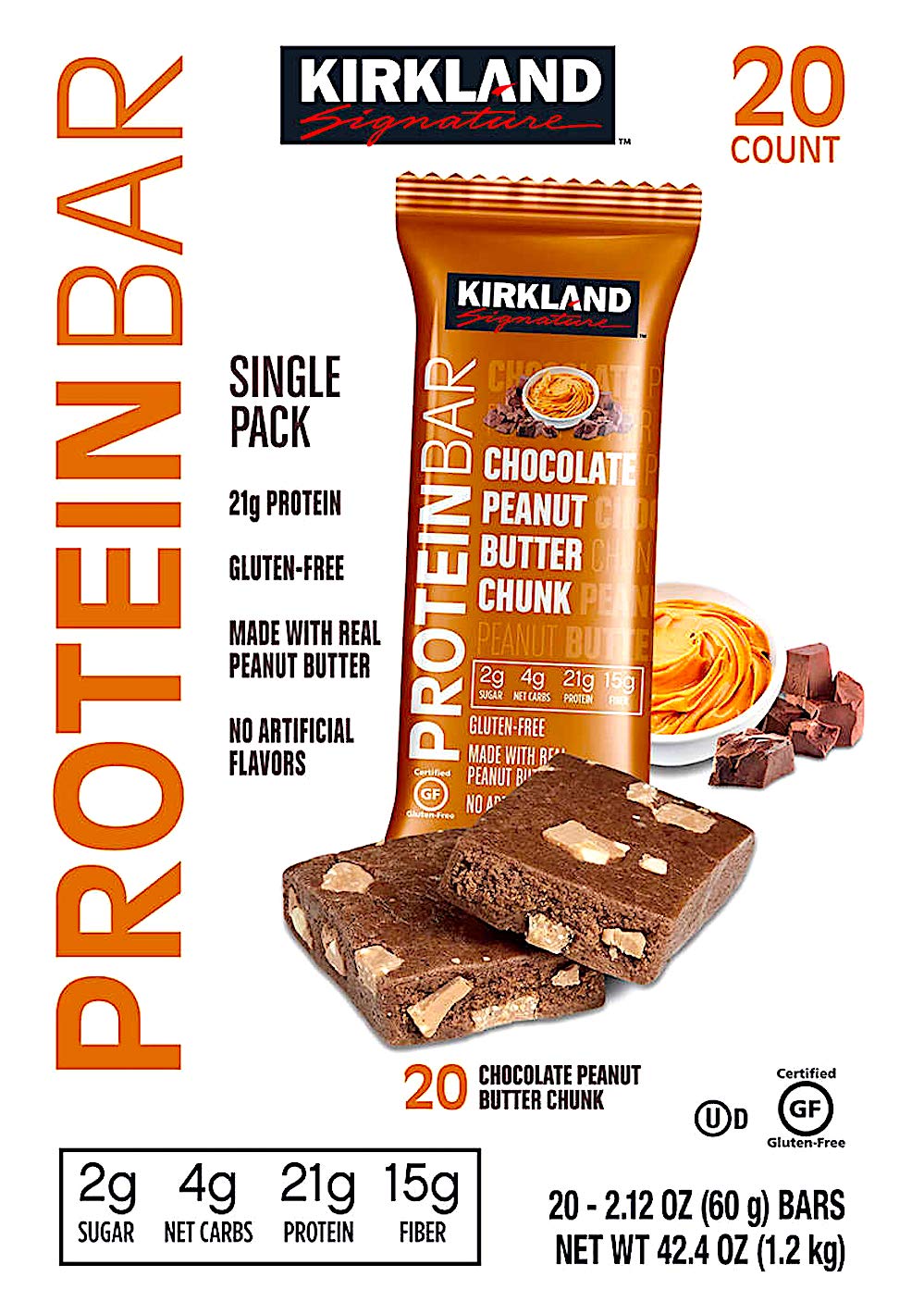 Kirkland Signature Protein Bars, Chocolate Peanut Butter Chunk, 20 Count, 2.12 oz - High Protein Snack, Ideal for On-the-Go Energy