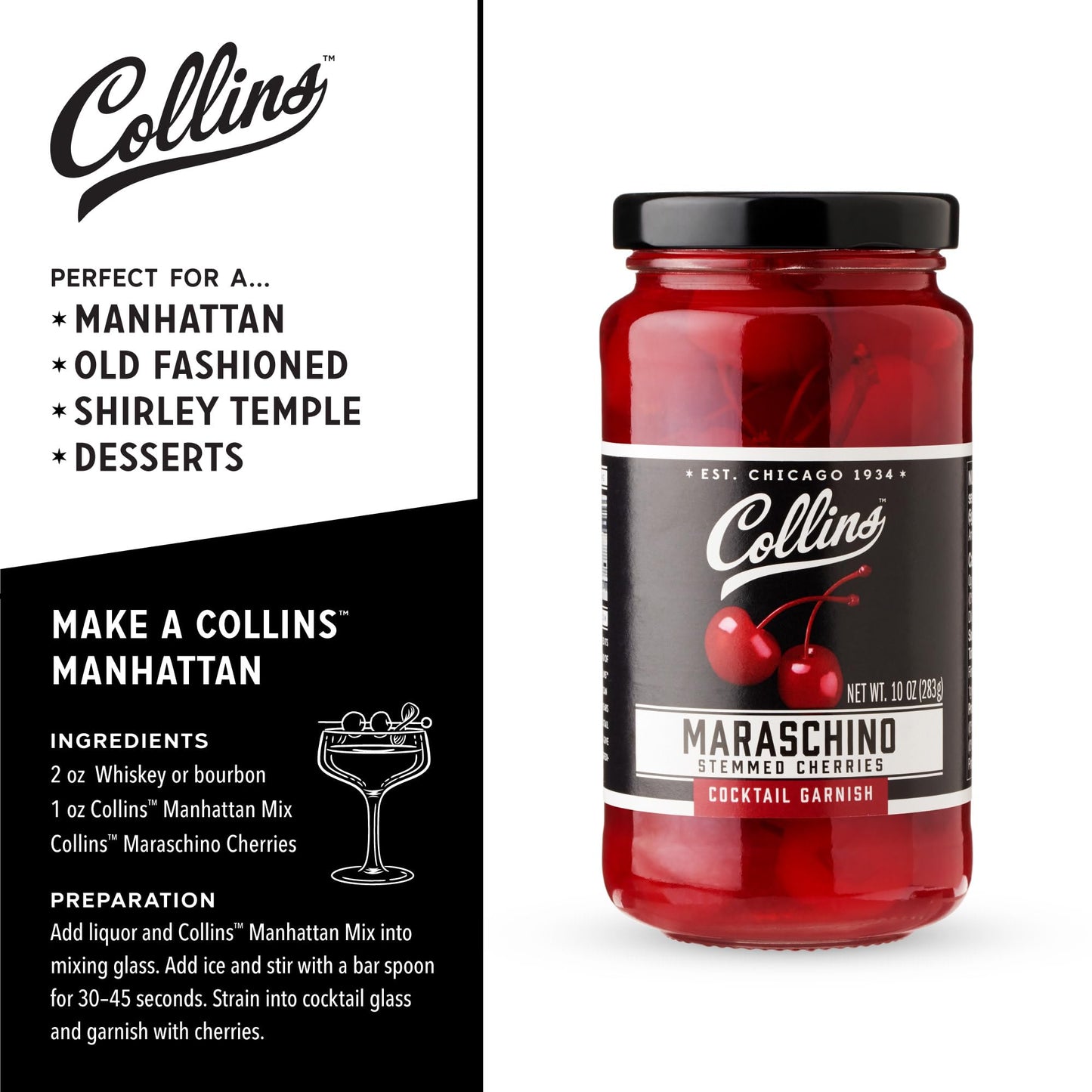 Collins Stemmed Maraschino Cocktail Cherries - Royal Anne Cherries Garnish For Cocktails, Manhattan And Old Fashioned Mix, 10Oz