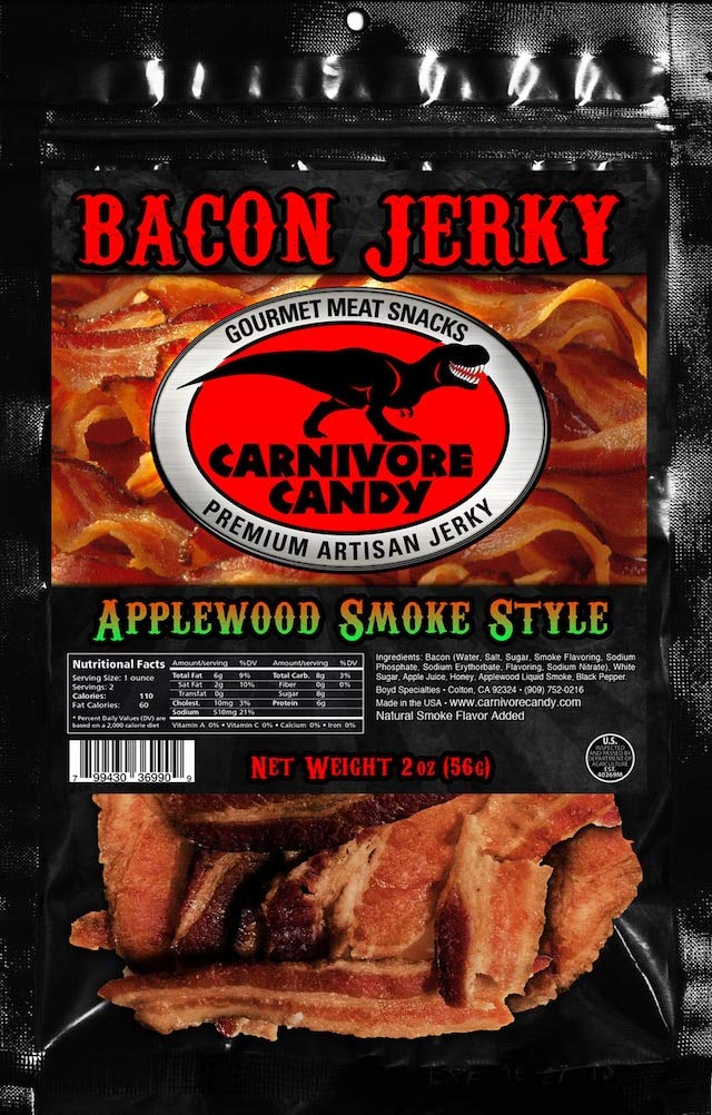 Jurassic Jerkey Carnivore Candy Bacon Jerky Sampler - Old Fashioned Maple & Applewood Smoke - 2 oz bags (Pack of 2)