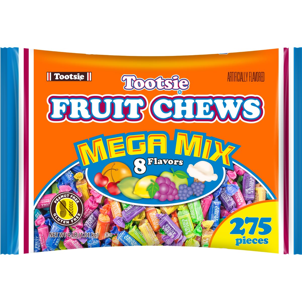 Tootsie Roll Fruit Chews Mega Mix - 8 Flavors, 4 lb Bag, Gluten-Free, Multicolor, 275 Pieces
