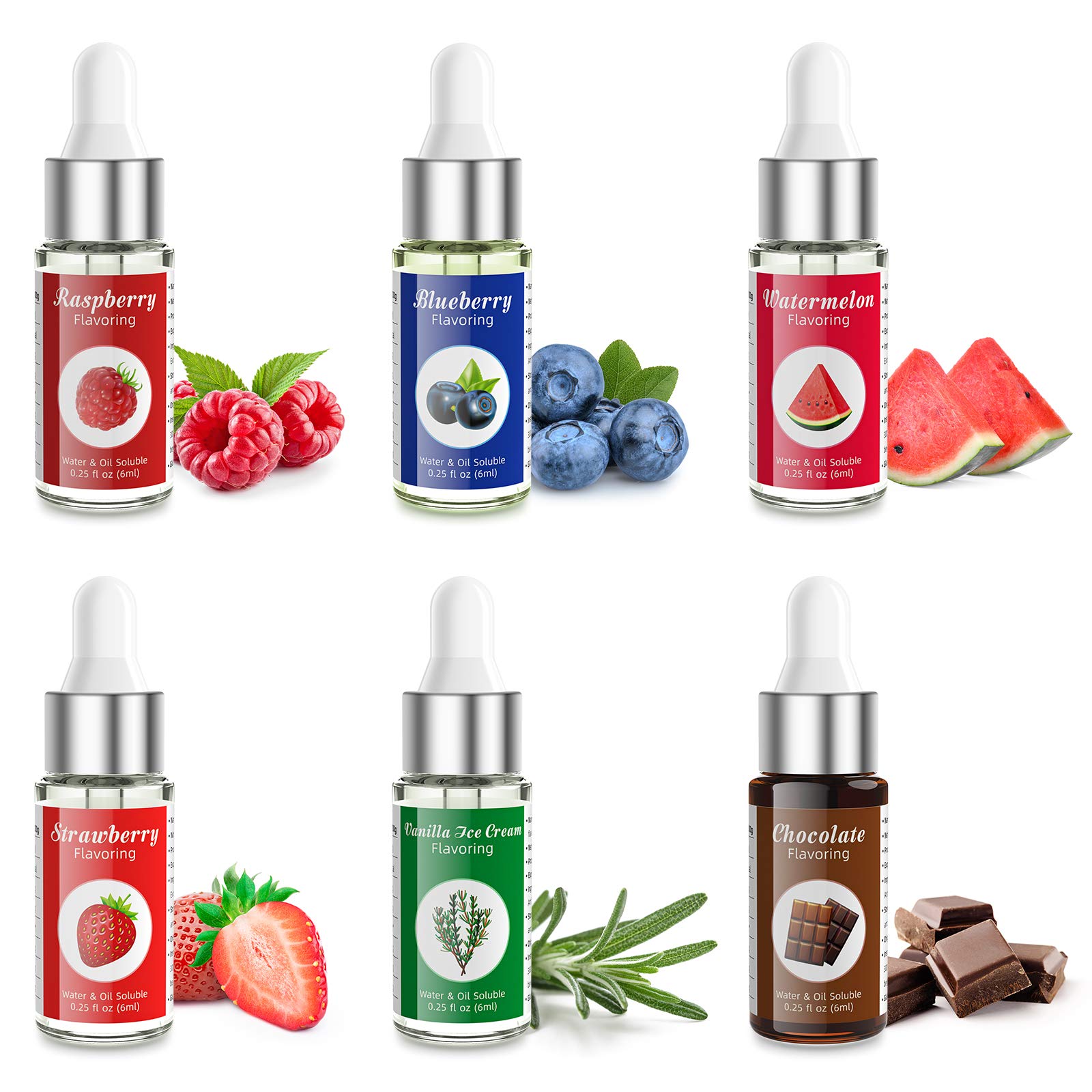 Nomeca Food Flavoring Oil, Fruit Vanilla Cream Chocolate Strawberry Candy Flavors For Baking, Cooking And Lip Gloss Making - Water & Oil Soluble - .2 Fl Oz (6 Ml) Bottles With Dropper (Pack Of 6)