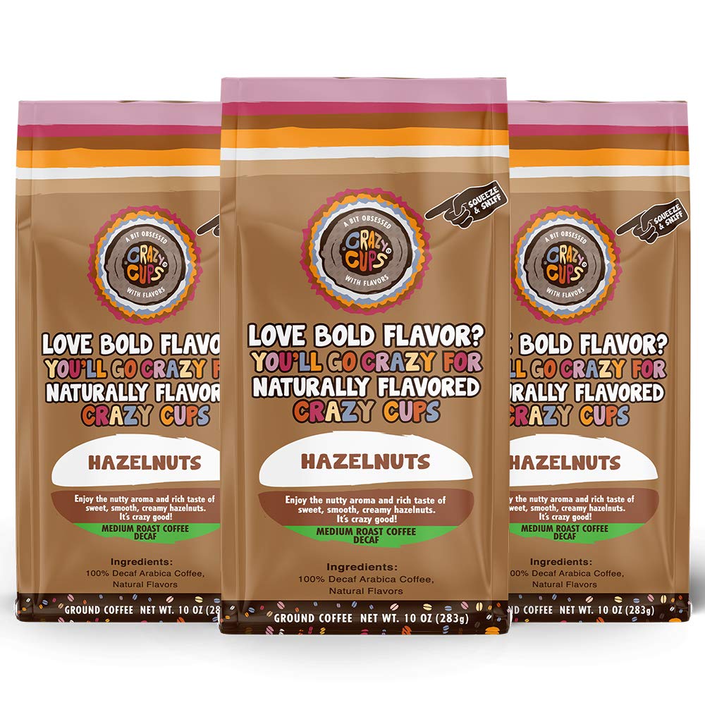 Crazy Cups Flavored Decaf Ground Coffee, Hazelnut Coffee Flavored Ground Coffee, Decaffeinated Coffee For Brewing Decaf Coffee Ground Hot Or Iced Coffee, 10 Oz Bags 3 Count Value Pack