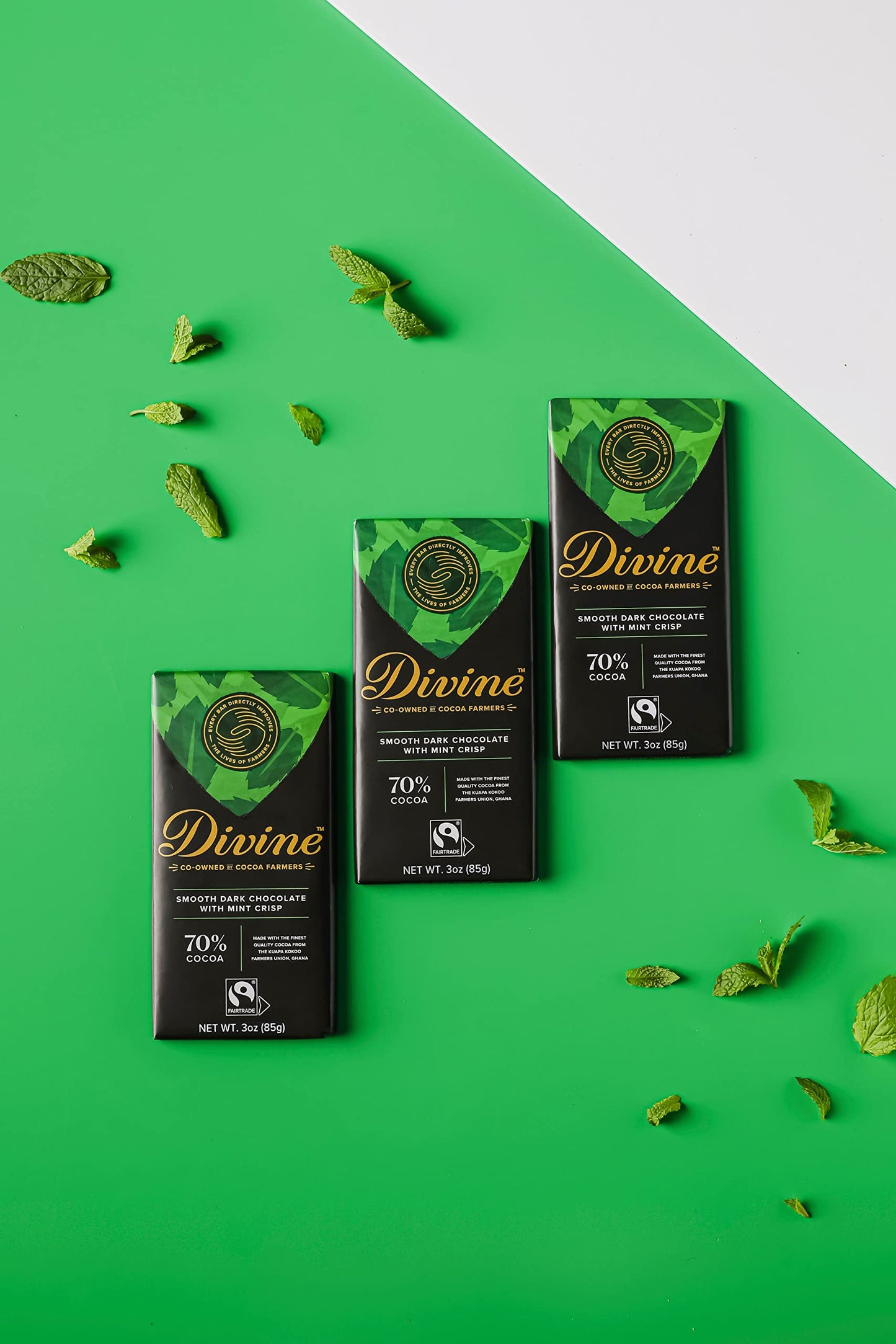 Divine Chocolate Bars - 70% Dark Chocolate With Mint Crisp - Made With Fairtrade Cocoa, Natural Ingredients, No Artificial Flavors | 3Oz. Bars (12 Pack)