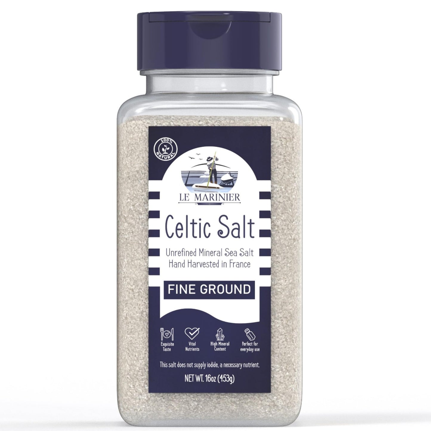 Le Marinier Celtic Salt Organic Fine Ground, 1 lb - 16oz. Mineral Rich 100% Natural and Unrefined. Refillable Salt Shaker. Frenc
