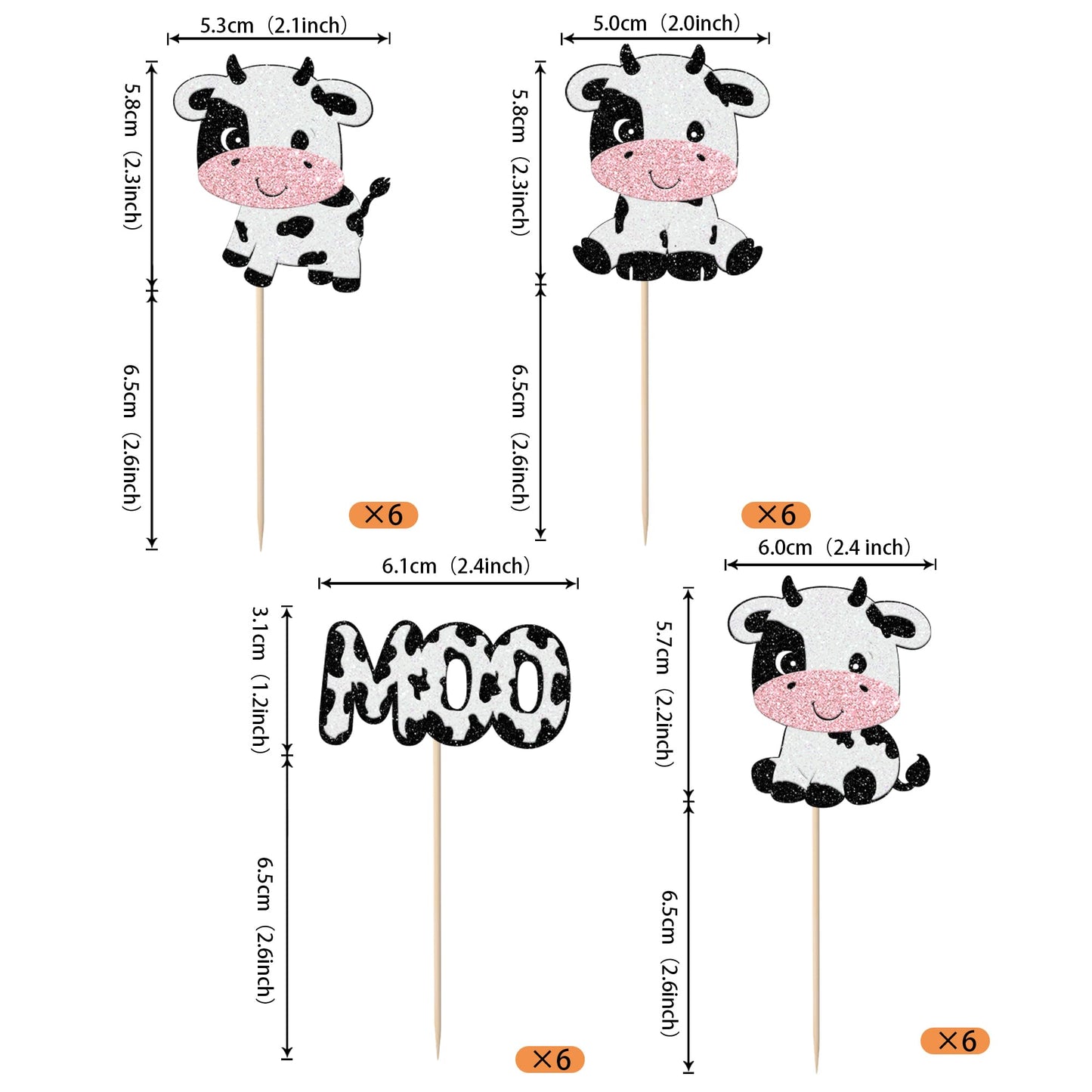Rssta i Cow Cupcake Toppers - 24 Pack Glitter Farm Animals - 2.1-4.9 inches - Design 11 for Baby Shower & Birthday Party Decorations