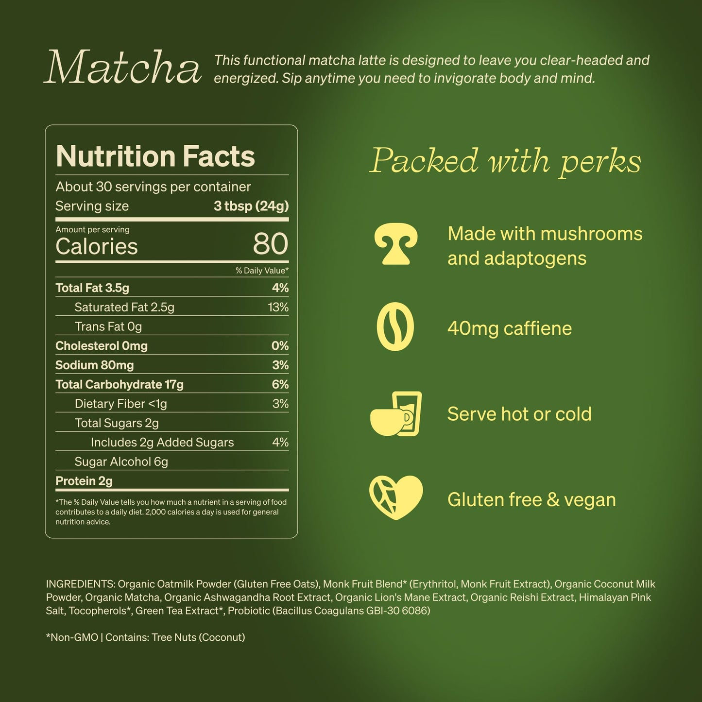 Clevr Blends Organic Matcha Green Tea Latte  Instant Ceremonial Grade  Superfood Powder Blend with Oat Milk  Lions Mane  Reishi Mushroom  Coconut Cream  Ashwagandha  Serve Hot or Iced  (30 Lattes)