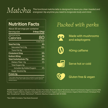 Clevr Blends Organic Matcha Green Tea Latte  Instant Ceremonial Grade  Superfood Powder Blend with Oat Milk  Lions Mane  Reishi Mushroom  Coconut Cream  Ashwagandha  Serve Hot or Iced  (30 Lattes)