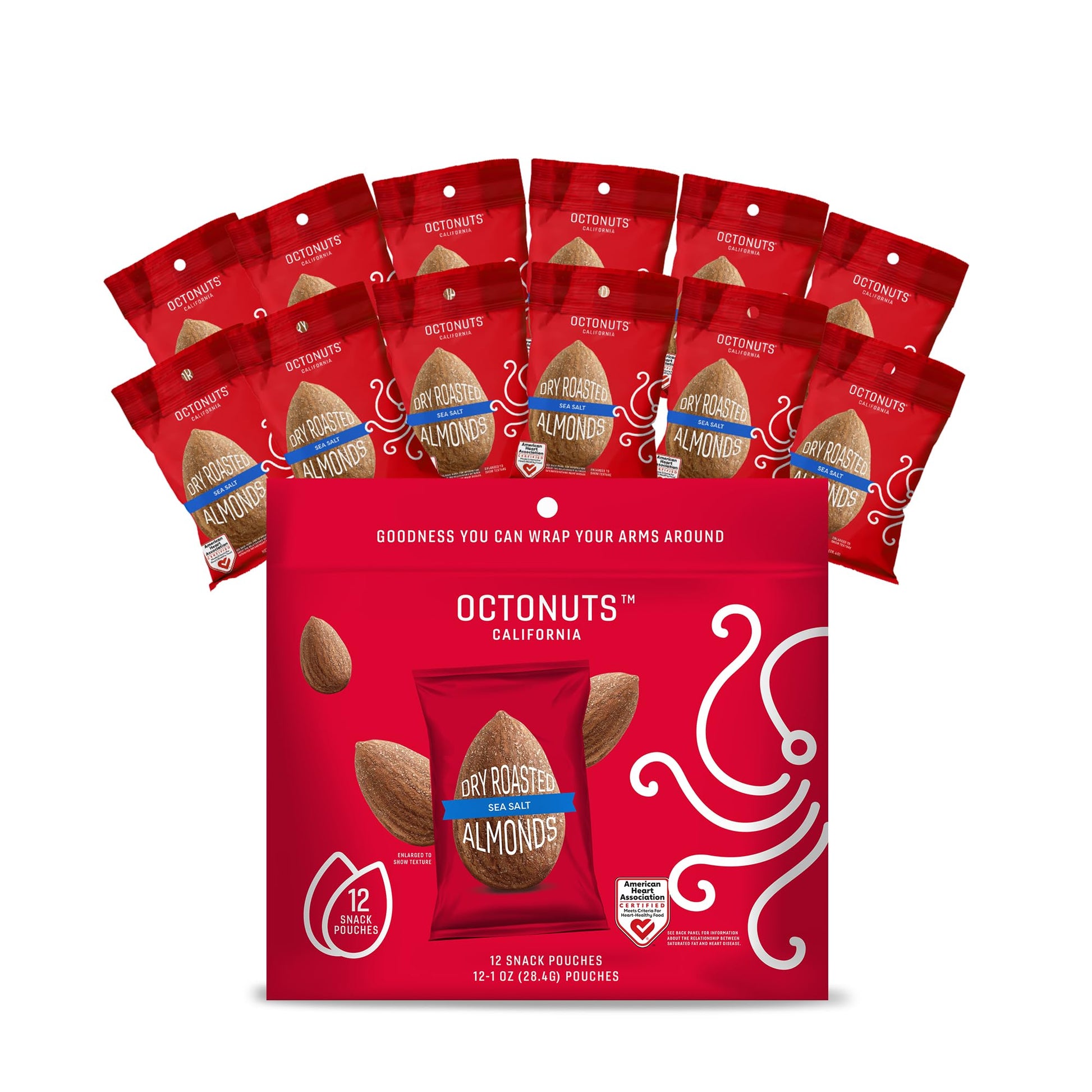 Octonuts Dry Roasted California Almonds 1Ounce - Sea Salt - American Heart Association Certified For Heart-Healthy Food, Gluten Free, Paleo Vegan, Kosher, Keto, Non-Gmo, Dry Roasted Sea Salt Almonds - 12 Pack