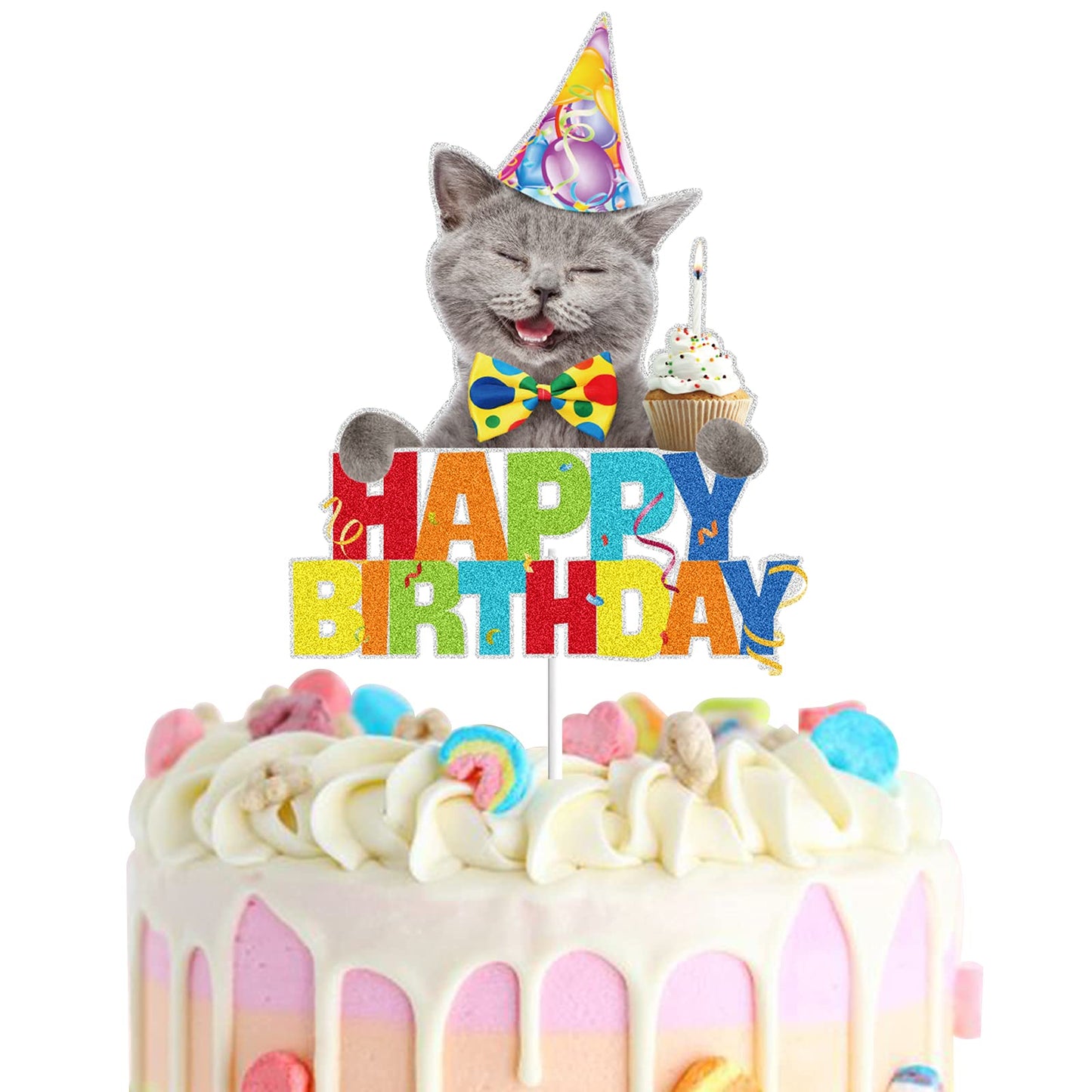 Cat Cartoon Happy Birthday Cake Topper Black Glitter For Pet Themed Bday Party Decoration Supplies
