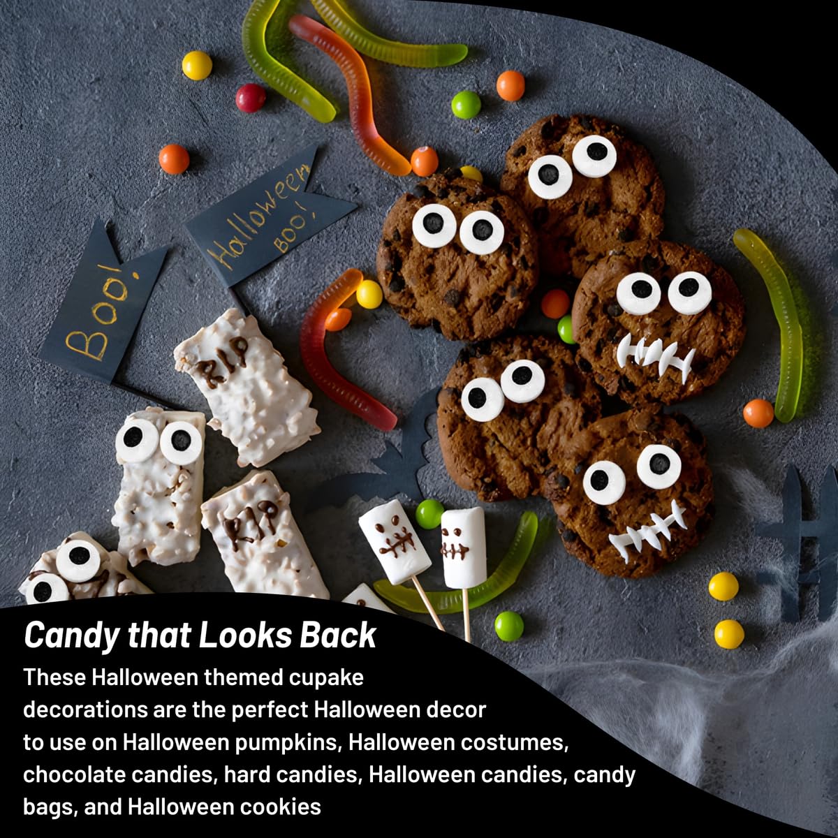 Large Spooky Eye Toppers - 4 oz Resealable Stand Up Candy Bag - Edible Baking Decorations - Funny Googly Eyes for Cupcakes, Cake