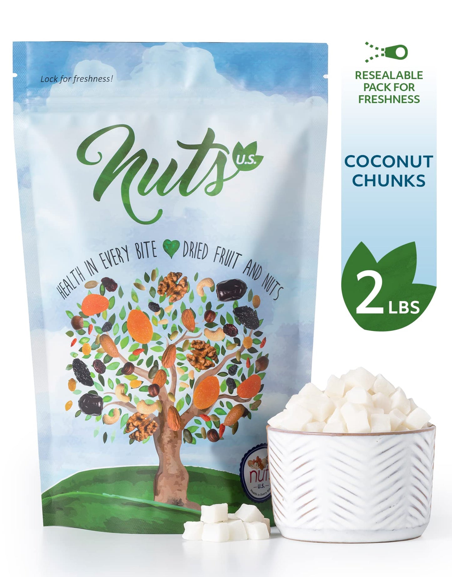 NUTS - U.S. Coconut Chunks, Sweetened, 2 lbs, No Artificial Colors or Flavors, Resealable Bag