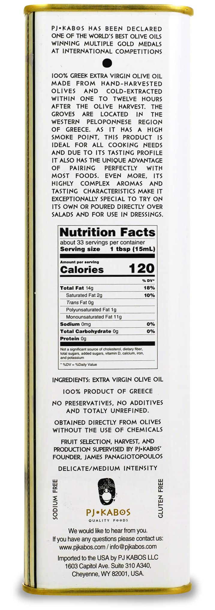 P.J. KABOS Premium Greek Extra Virgin Olive Oil, High Phenolic, 3 x 16.9 Fl Oz Tin, Cold Extracted, Koroneiki, Kosher