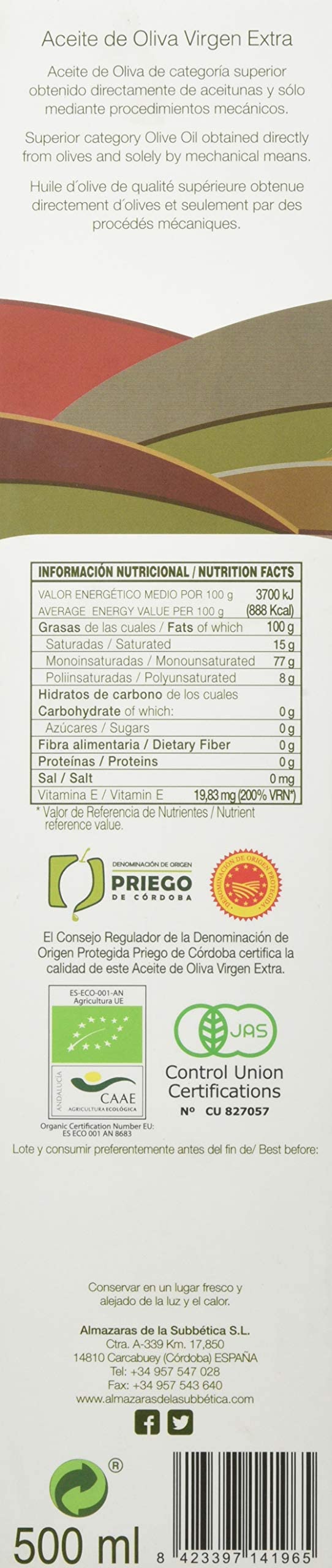 Rincon De La Subbetica- Award Winning, Organic Cold Pressed Evoo Extra Virgin Olive Oil, 17-Ounce Glass Bottle