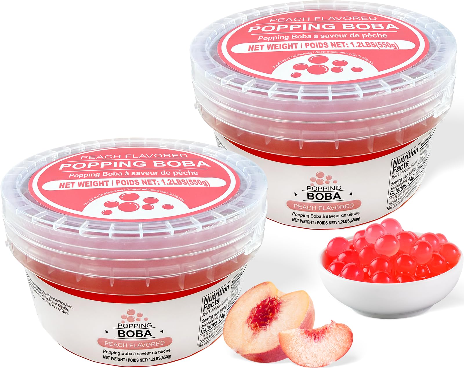Soeos Peach Popping Boba,1.2lbs (550g) Pack of 2, Bursting Peach Flavor Pearls for Bubble Tea, Desserts, and Drinks