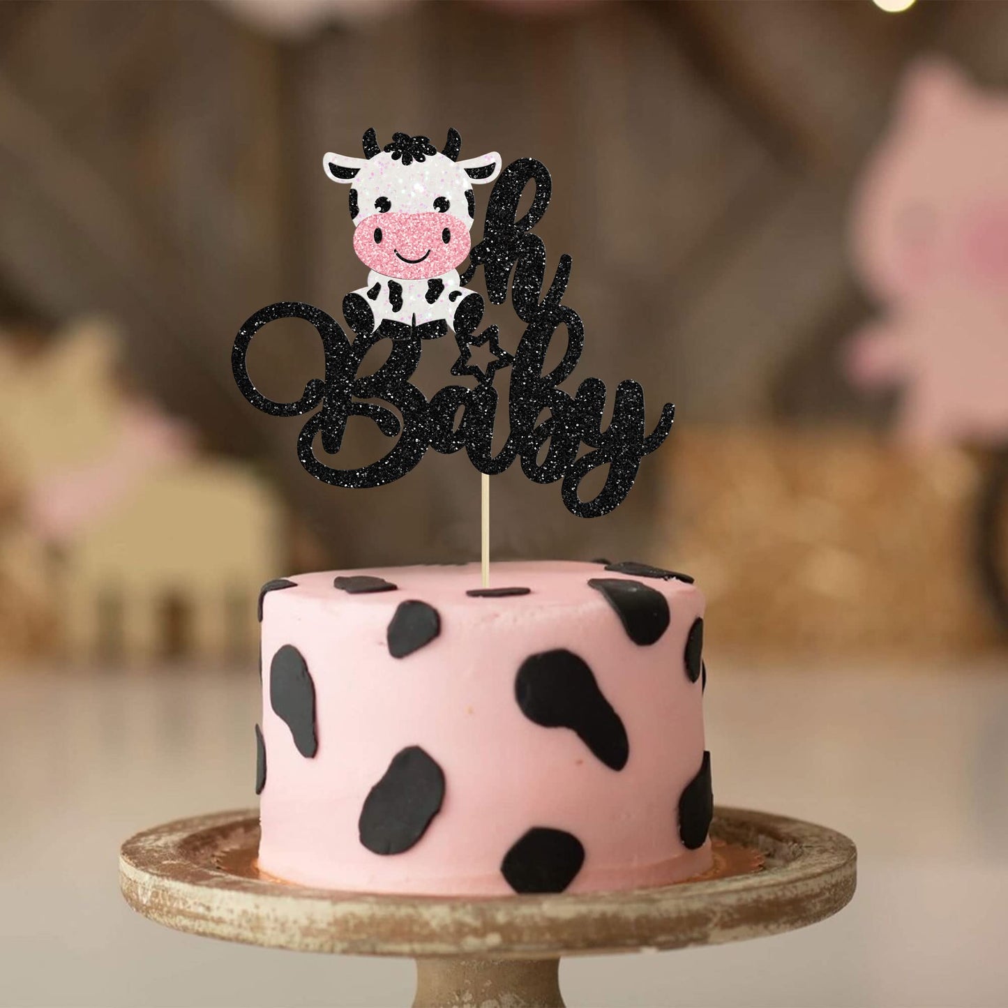 Gyufise 1Pc Cow Oh Baby Cake Topper Glitter Farm Animals Oh Baby Cow Cake Pick For Gender Reveal Theme Baby Shower Kids Boys Gir